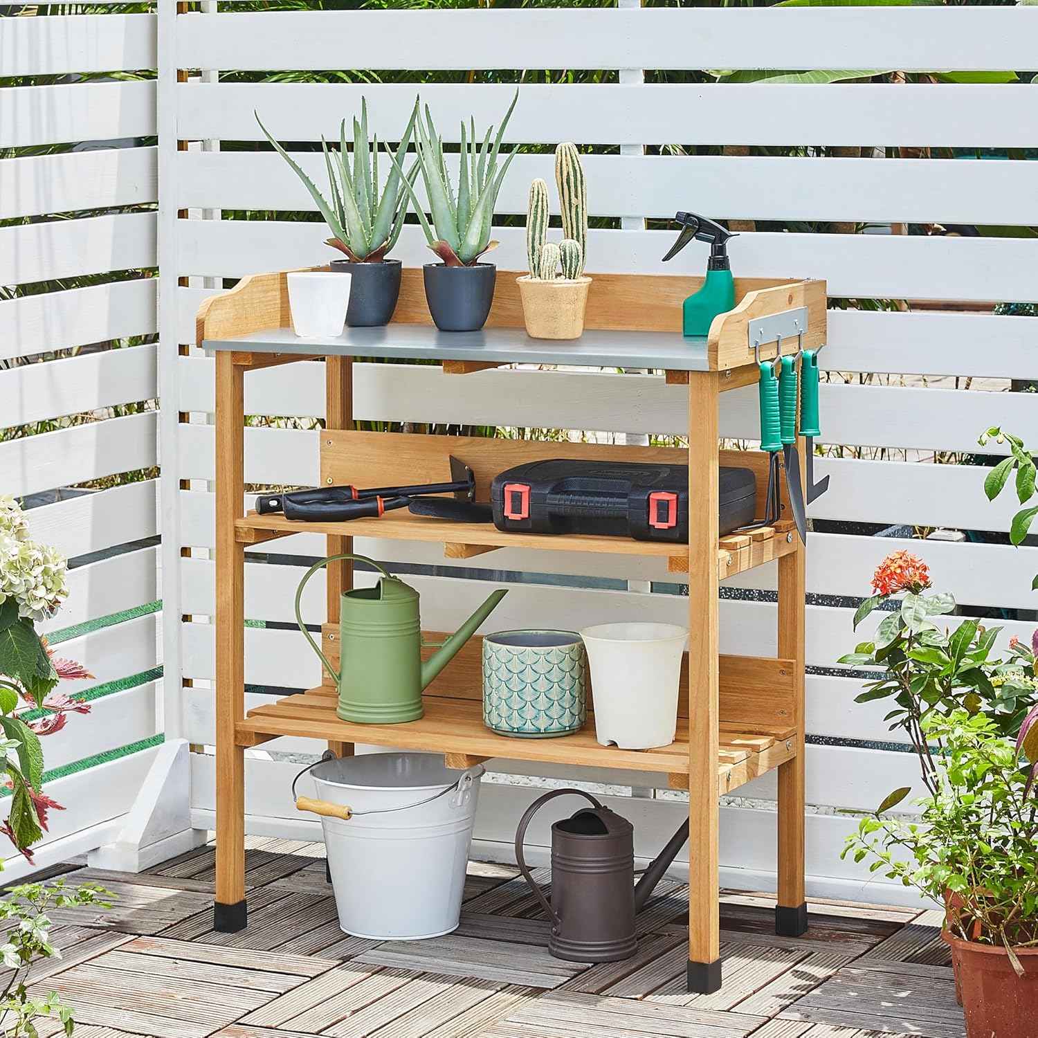 Topeakmart Potting Bench Table w/Metal Tabletop for Garden, Fir Wood Workstation w/3 Tier Shelves, Outdoor Work Bench w/Hook Natural Wood