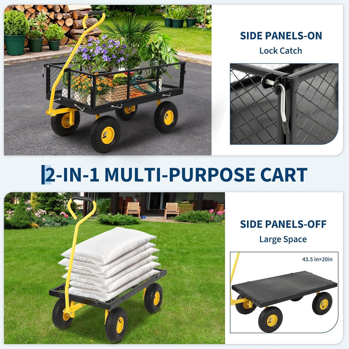 900 Lb Capacity Heavy Duty Steel Garden Cart – 2-in-1 Utility Wagon with Removable Mesh Sides, 10" All-Terrain Tires, Flatbed Conversion, 180° Rotating Handle – Perfect for Lawn, Garden & Backyard