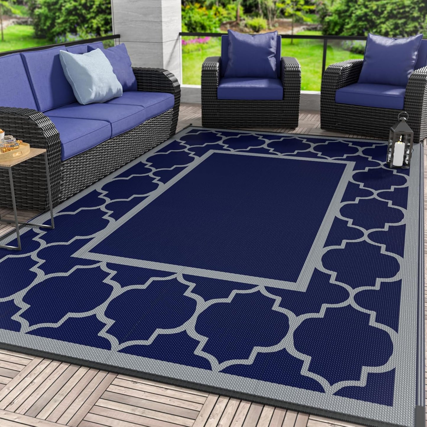 GENIMO Outdoor Rug 8' x 10' Patio Waterproof, Foldable Reversible Plastic Straw Area Rugs Mat for Camper Decor, Outside Carpet for Rv, Deck, Porch, Picnic, Beach, Balcony, Blue & Grey