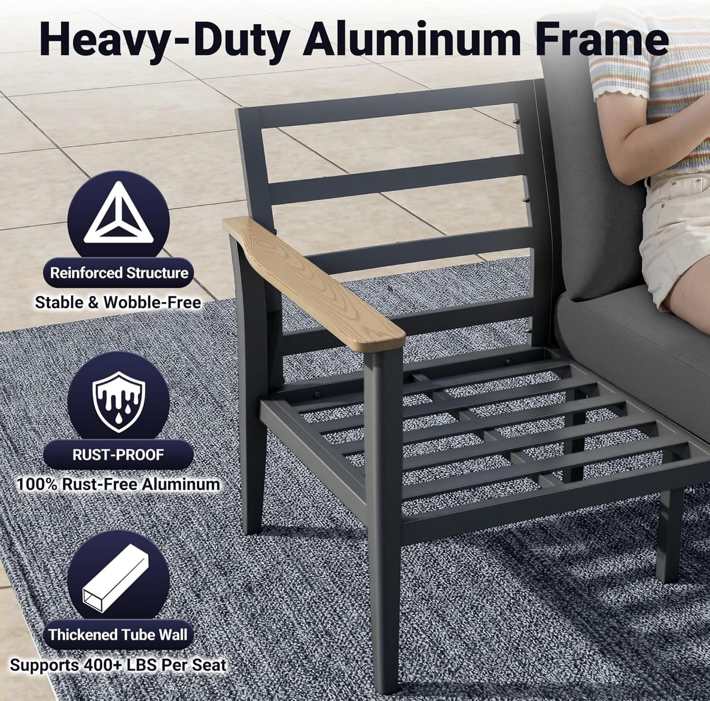 Aluminum Outdoor Patio Furniture Set, 5-Piece Sectional Sofa with 5.1" Thick Cushions, 55,000 BTU Propane Fire Pit Table, Outdoor Couch for Backyard, Deck, Black