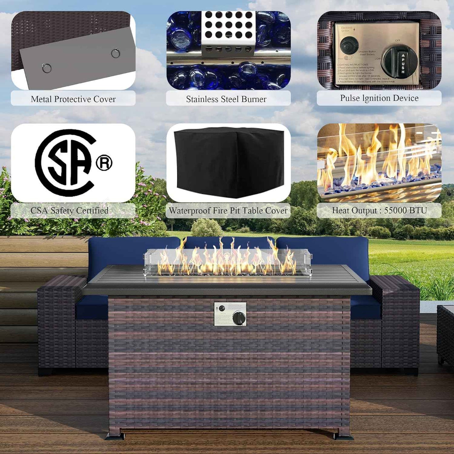 13 PCS Outdoor Patio Furniture Set,Outdoor Sectional Furniture with 43" 55000 BTU Gas Propane Fire Pit Table,All Weather PE Rattan Wicker Patio Conversation Set,Navy Blue