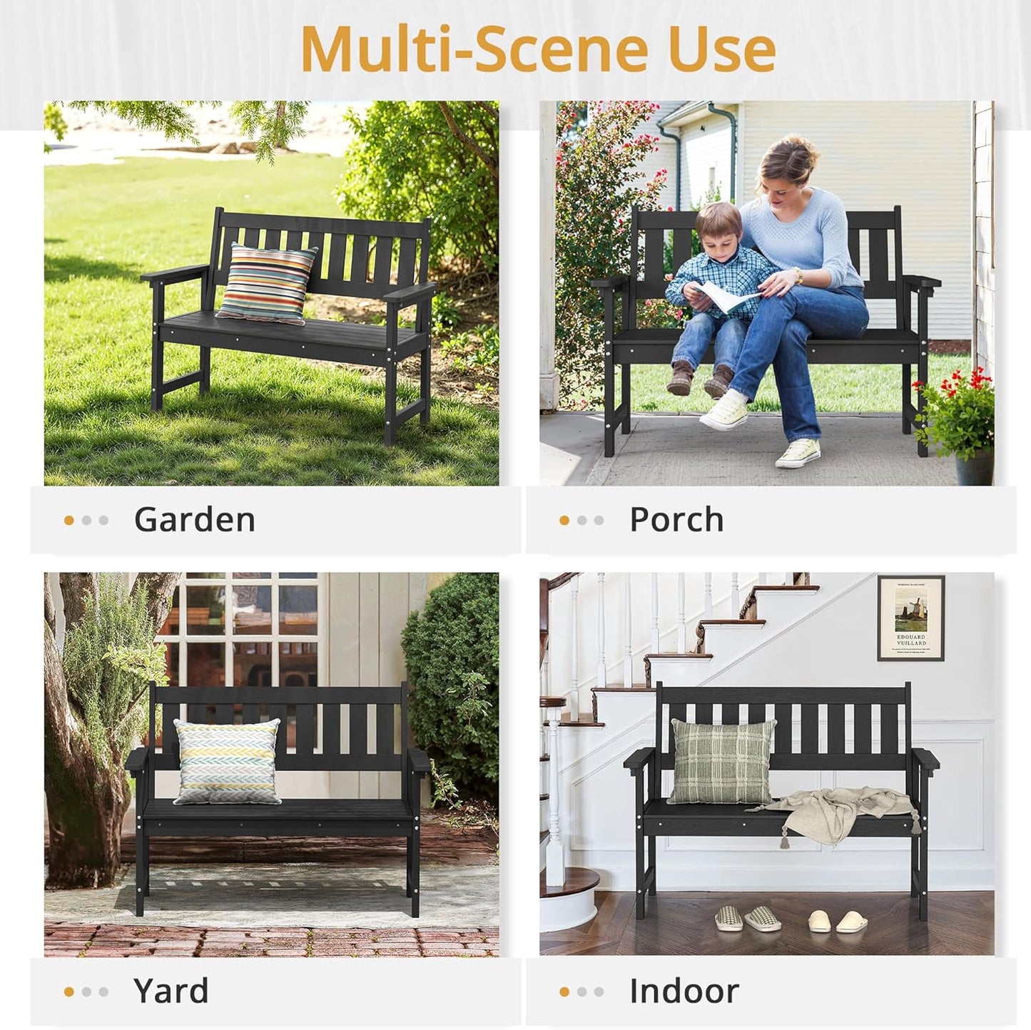LUE BONA Outdoor Bench, 2-Person HDPS Garden Bench, Outdoor Benches Weatherproof, All-Weather Fade/Rot Resistant Patio Bench for Park, Front Porch, Backyard (Black)