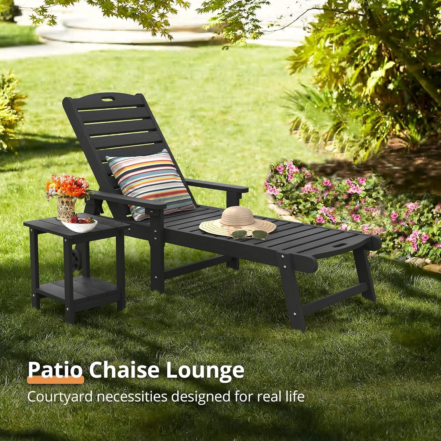 LUE BONA Chaise Lounge Chairs Set with Table, 6-Piece, 79'' Oversized HDPS Chaise Lounger, 5 Positions Adjustable Lounge Chairs, Pool Lounge Chair with Wheels for Poolside, 3 Year Warranty, Black