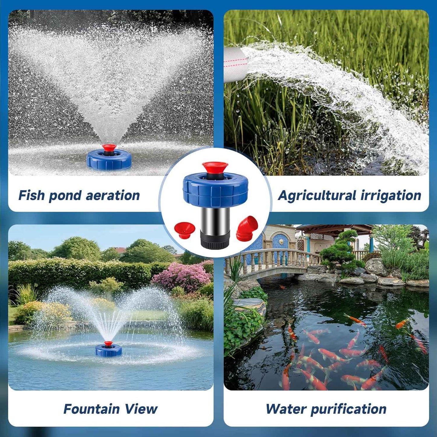 Pond Fountain Aerator-15000 GPH Fully Automatic Powerful Lake Floating Fountain, 1HP/750W 110V, 100ft power cord, 2 * 100ft guide ropes, Suitable For Ponds And Landscape Fountains (Stainless steel)