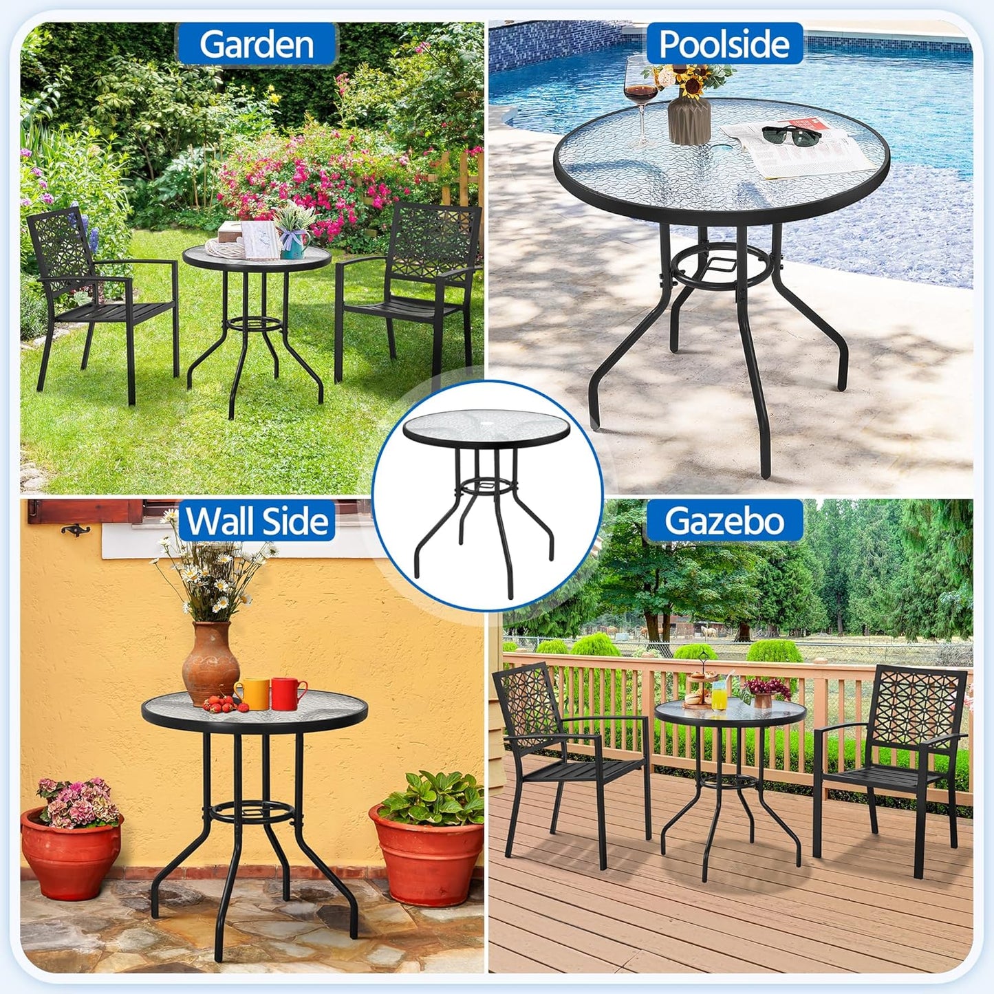 Yaheetech 27.4'' Patio Bistro Table Round Outdoor Coffee Table, Round Tempered Glass Top with 1.7'' Umbrella Hole, Iron Frame for Balcony Backyard Lawn and Garden