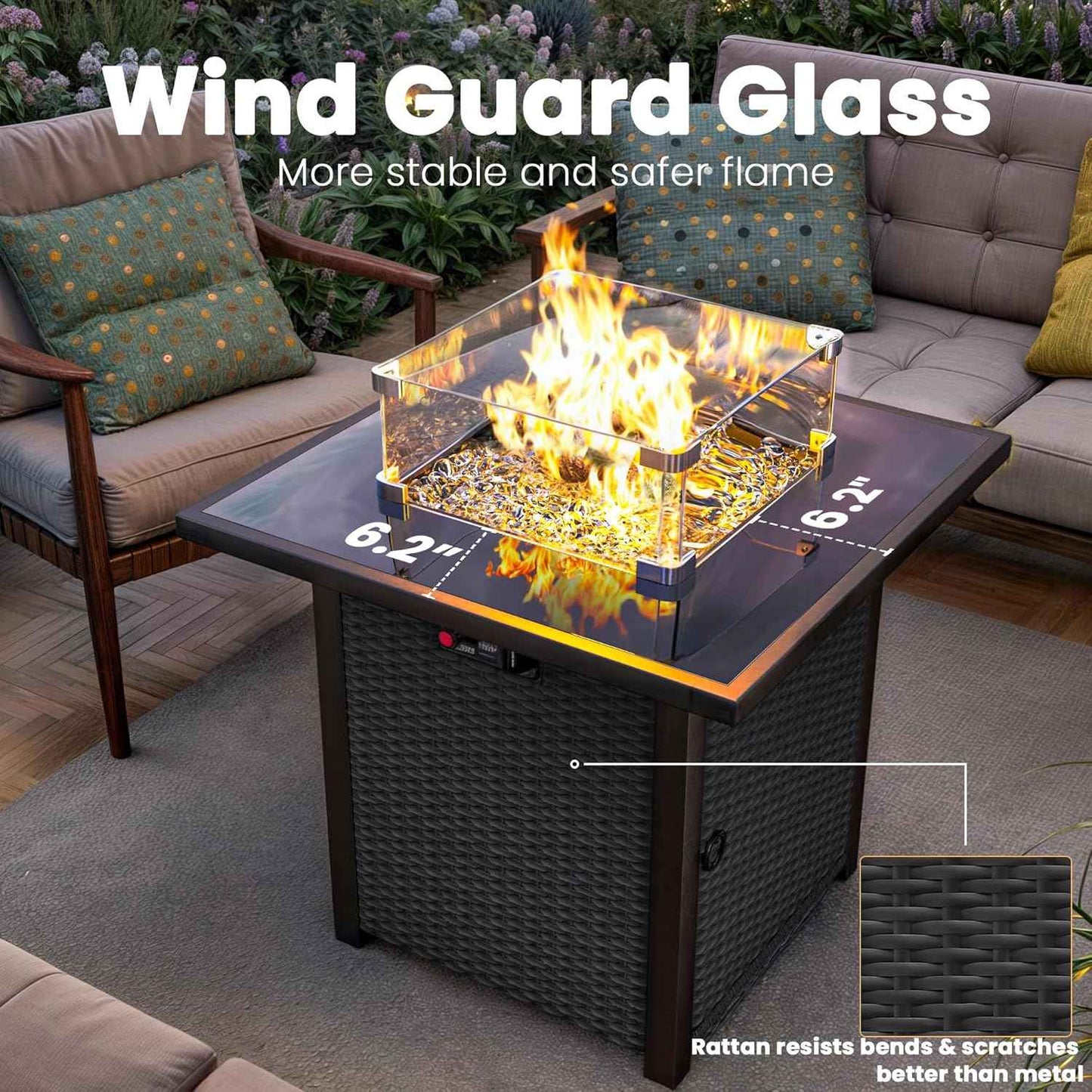 Propane Outdoor Fire Pit Table, 28" Rattan Square Fire Pit Table, Outdoor Gas FirePit W/Glass Wind Guard, Tempered Glass Tabletop, Lid, CSA Listed, 50,000 BTU, Outside Patio Deck & Garden, Black