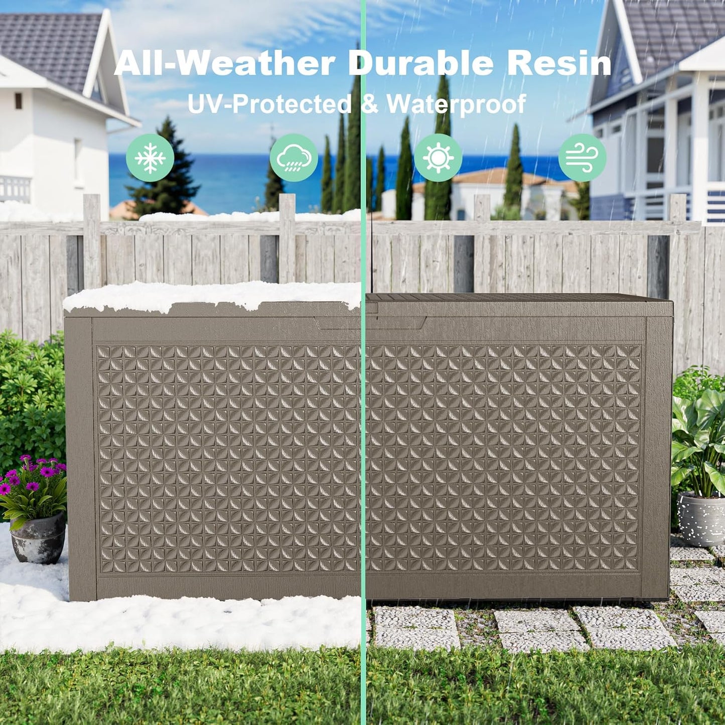 ROJIK 110 Gallon Waterproof Outdoor Deck Storage Box, Lockable Resin Patio Storage Bin with Lid for Garden Tools, Patio Cushions & Outdoor Accessories(Grey)