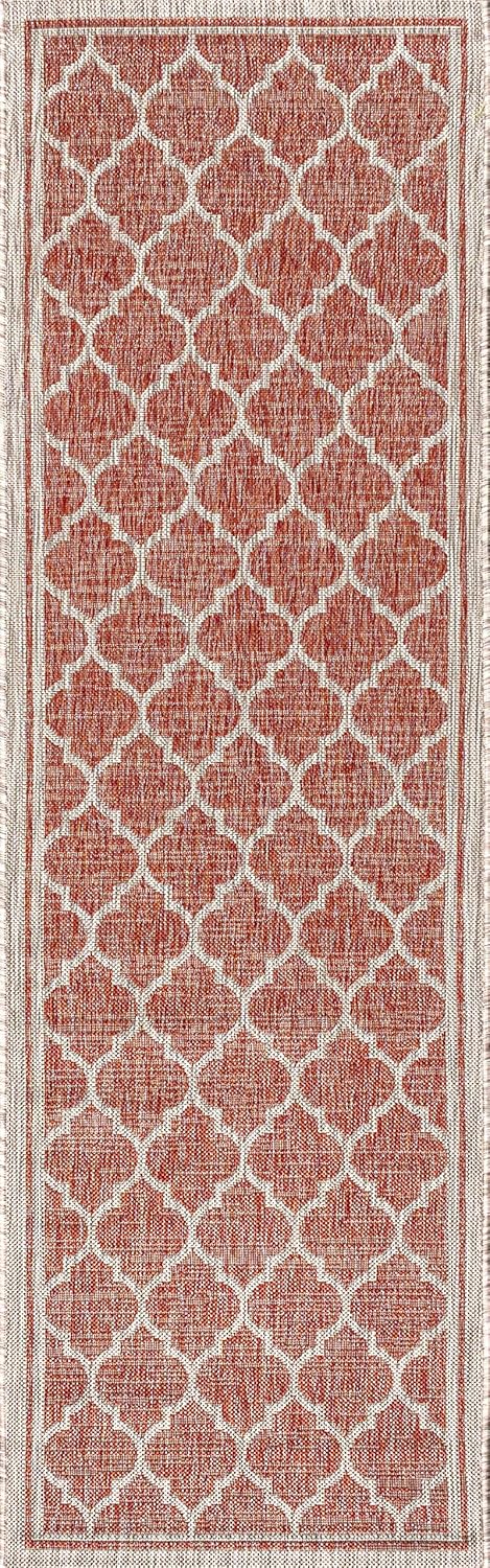 Eyely BMS109C-28 Santa Monica Trebol Moroccan Trellis Textured Weave Indoor/Outdoor Runner Rug Coastal;Bohemian, Bedroom, Backyard, Patio, Easy-Cleaning, Non-Shedding, 2 X 8, Red/Beige
