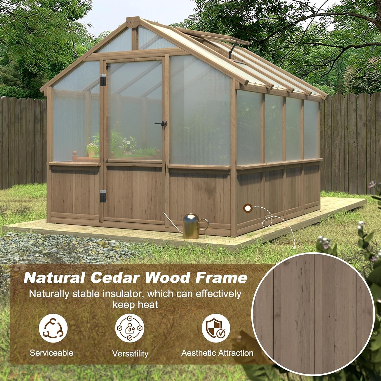 BlueWish 8x8 FT Greenhouses for Outdoors, Cedar Green House with 6MM Polycarbonate Panel, Greenhouse Kit with Adjustable Vent & Lockable Door, Walk-in Greenhouse for Outside, Garden, Backyard