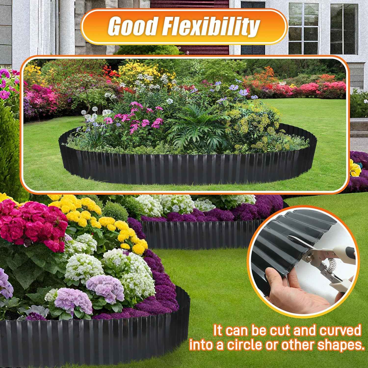 Quibbay Corrugated Metal Garden Edging, 6"20Ft Landscape Border for Lawn, Flower Bed and Garden, Sturdy Galvanized Steel Yard, Flexible for DIY Landscaping and Yard, Black