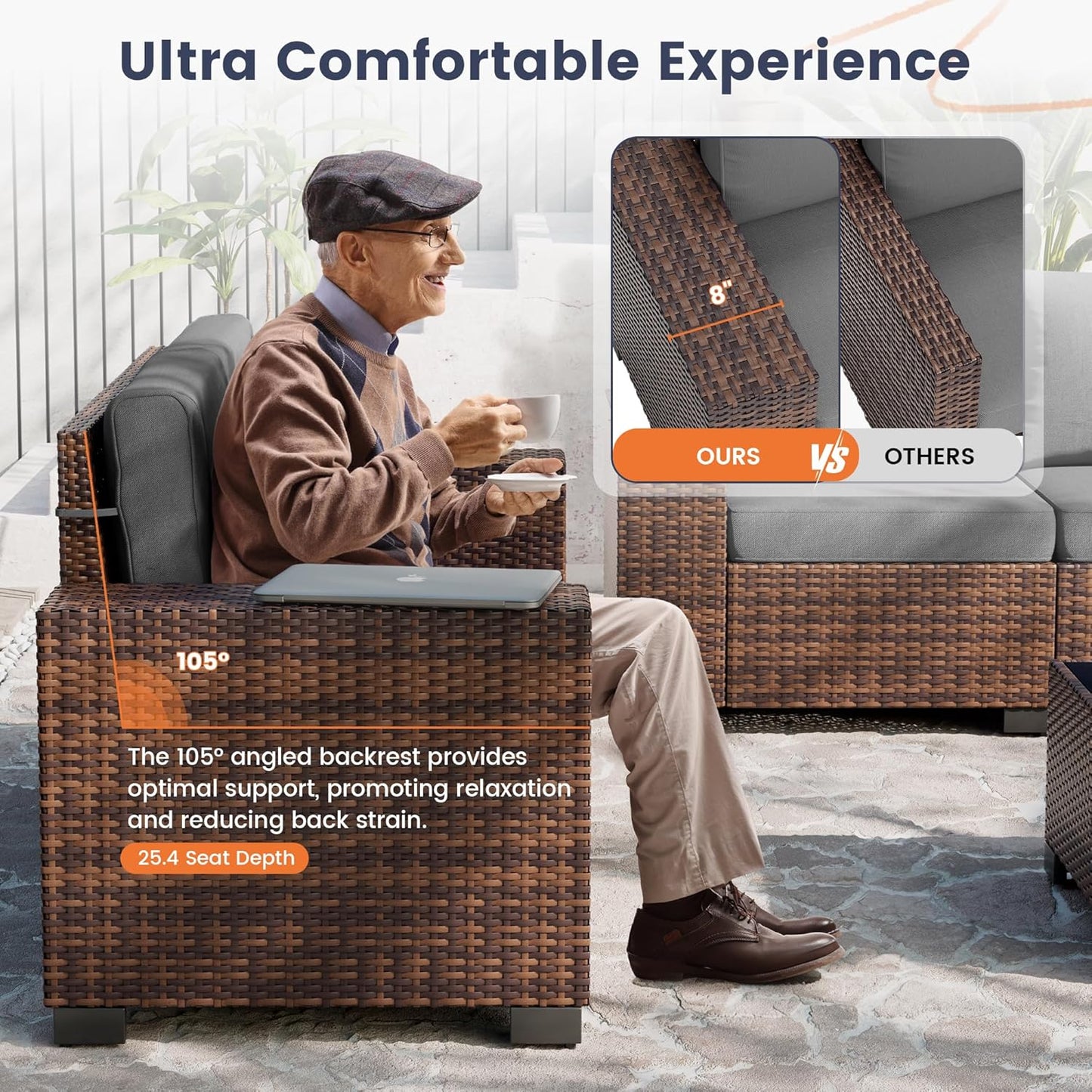 UDPATIO Patio Furniture Set with Fire Pit Table, 8 Inch Armrest Outdoor Sectional Sofa, 7 Piece Wicker Outdoor Furniture Conversation Sets with Waterproof Cover for Backyard Deck(Brown/Dark Grey)