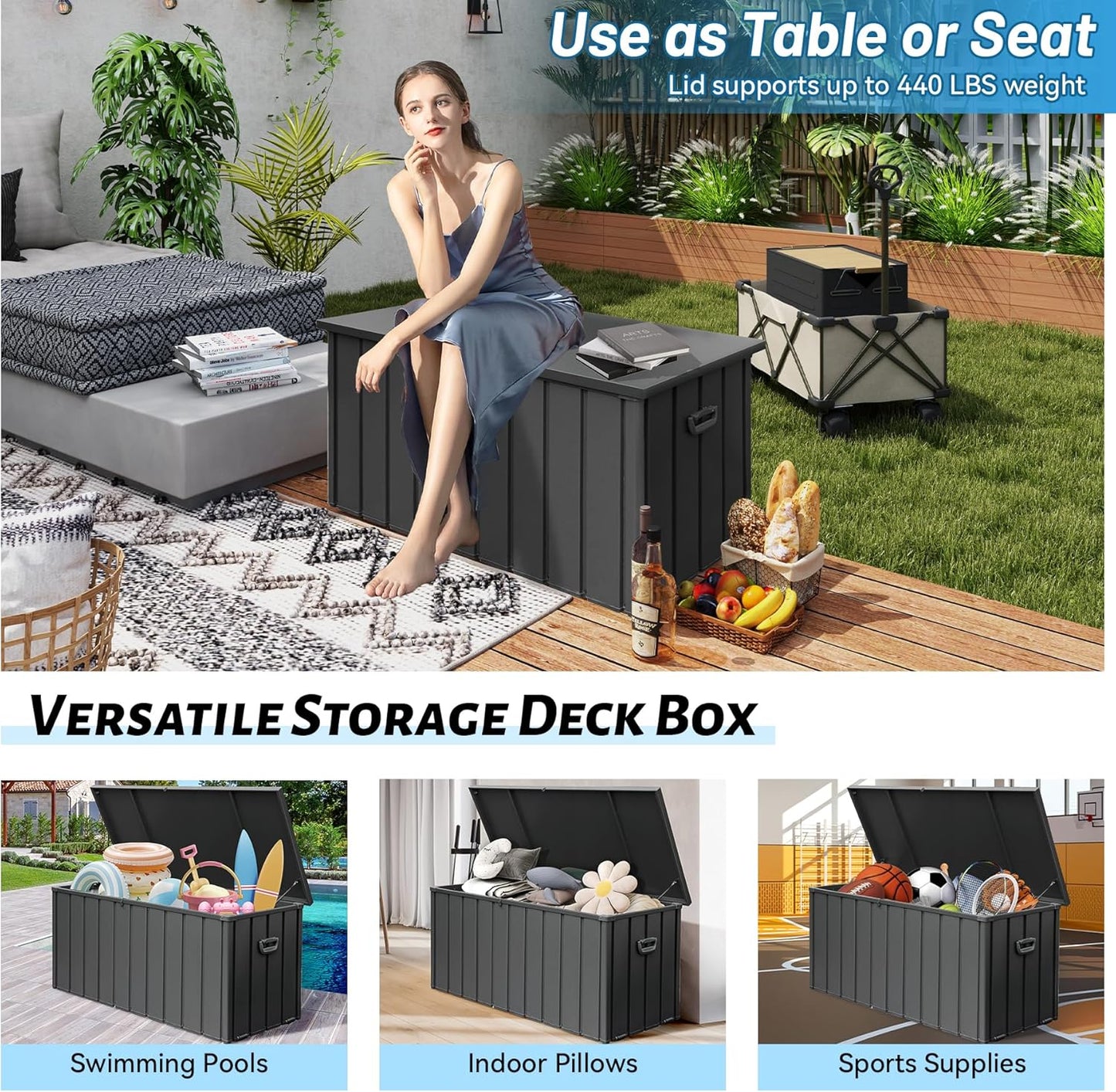 120 Gallon Metal Deck Box,Waterproof Outdoor Storage Box, Large Patio Furniture Storage Chest/Cabinet, Lockable Storage Bench for Porch Package Delivery,Cushions,Tools, Pool, Grey