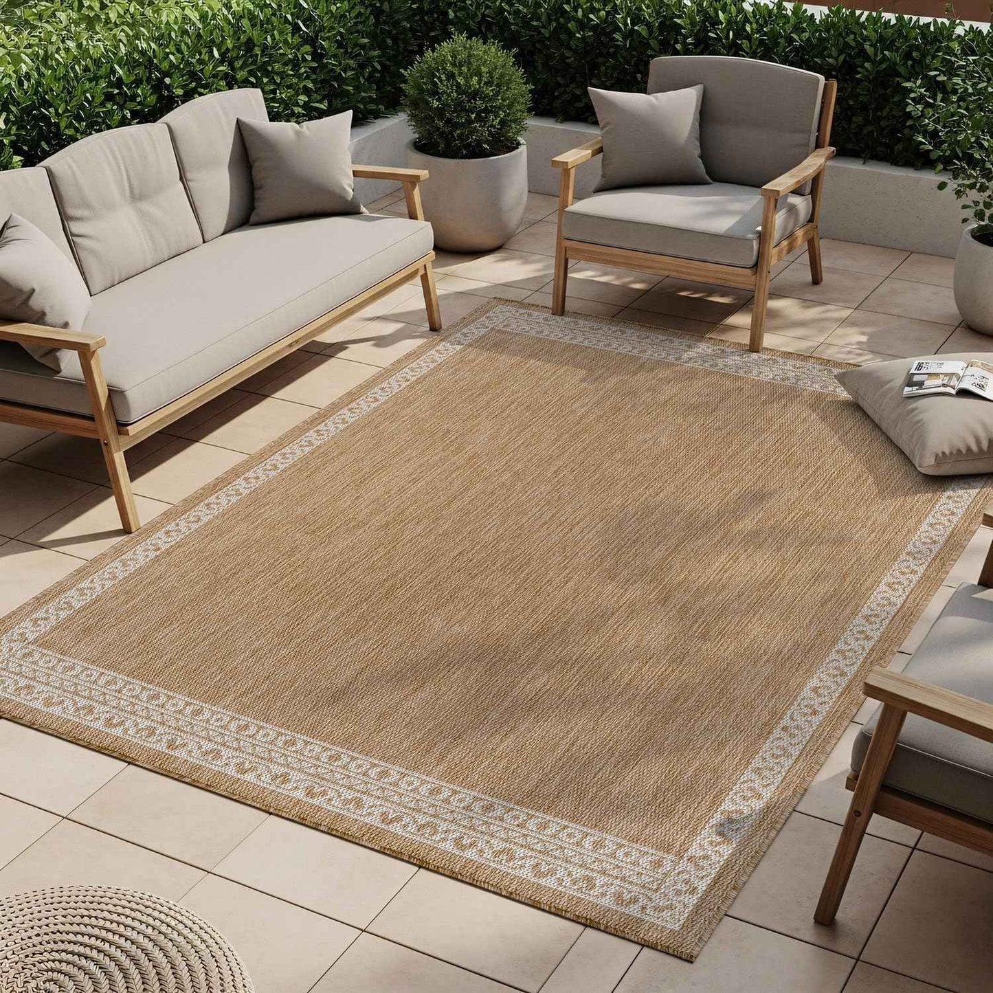 Washable Outdoor Rug 5x7 Modern Area Rugs Outdoor Carpets Bordered Pattern Non Shedding Waterproof Easy Clean Patio Deck Porch Living Room Bedroom Garden RV (5 X 7 Natural)