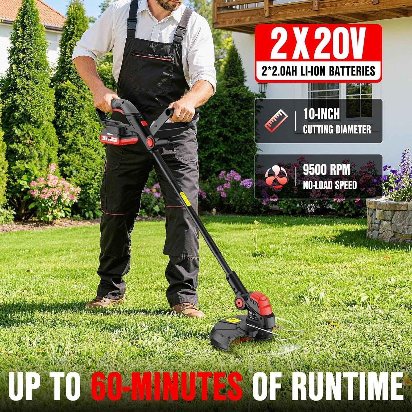 EWORK Weed Wacker Cordless 20V 10-Inch, Upgraded Cutter Blade, Weed Eater Battery Powered with 2×2.0Ah Batteries & Fast Charger, 2-in-1 Electric Grass Trimmer for Edger, Lawn, Garden
