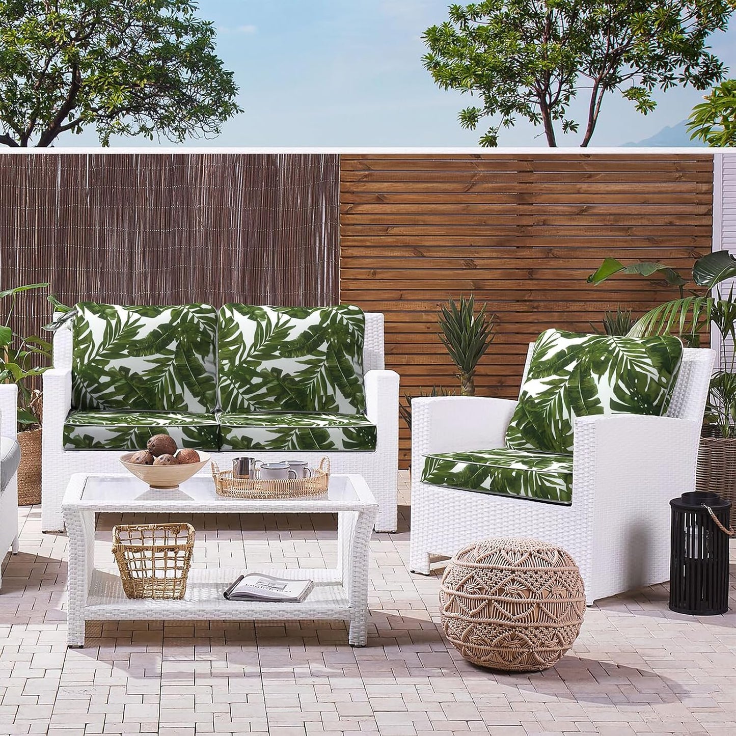 LVTXIII Outdoor Deep Seat Cushion Patio Seat and Back Cushion Set Seasonal Chair Cushion for Dining Arm Chairs, Wicker Chairs and Garden Furniture Decoration, 22"x22"x4", Palms Green