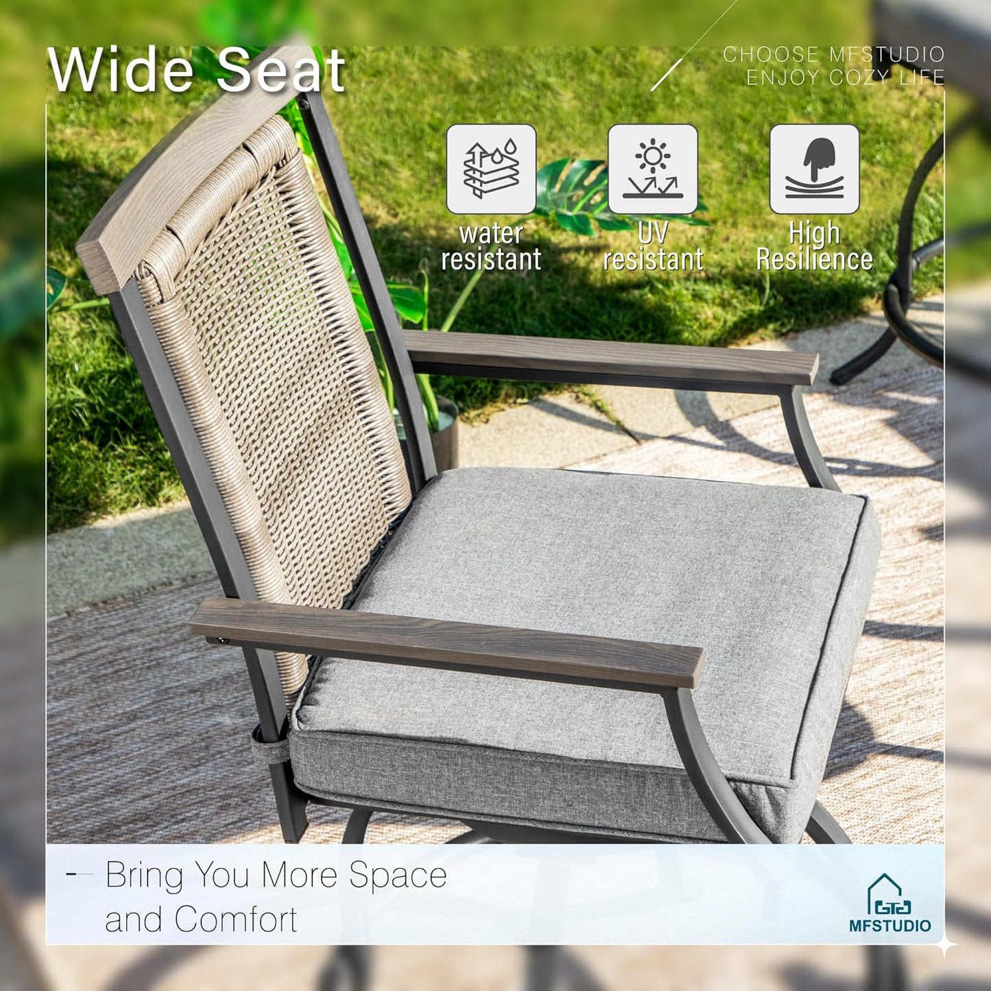 MFSTUDIO Outdoor Bar Set of 5 with 4 Swivel Rattan Backrest Metal Patio Bar Stool and 1 Square Metal Table, All Weather Resistant Patio Table and Chair Set