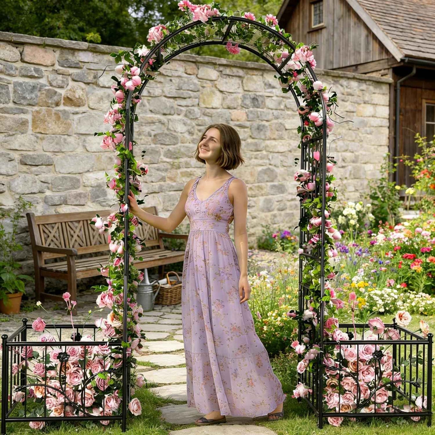 Garden Arbor with Planter Boxes 76" W x 86" H, Wedding Arches for Ceremony, Black Metal Garden Archway for Climbing Plants Outdoor Lawn, Patio and Backyard