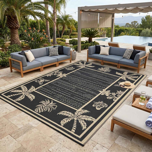 Garvee Outdoor Rug 9x12 Waterproof for Patios, Reversible Plastic Straw Rug, Tropical Leaf Indoor Outdoor Rugs, Large Area Rug for RV, Camping, Deck, Picnic Mat, Outside Carpet