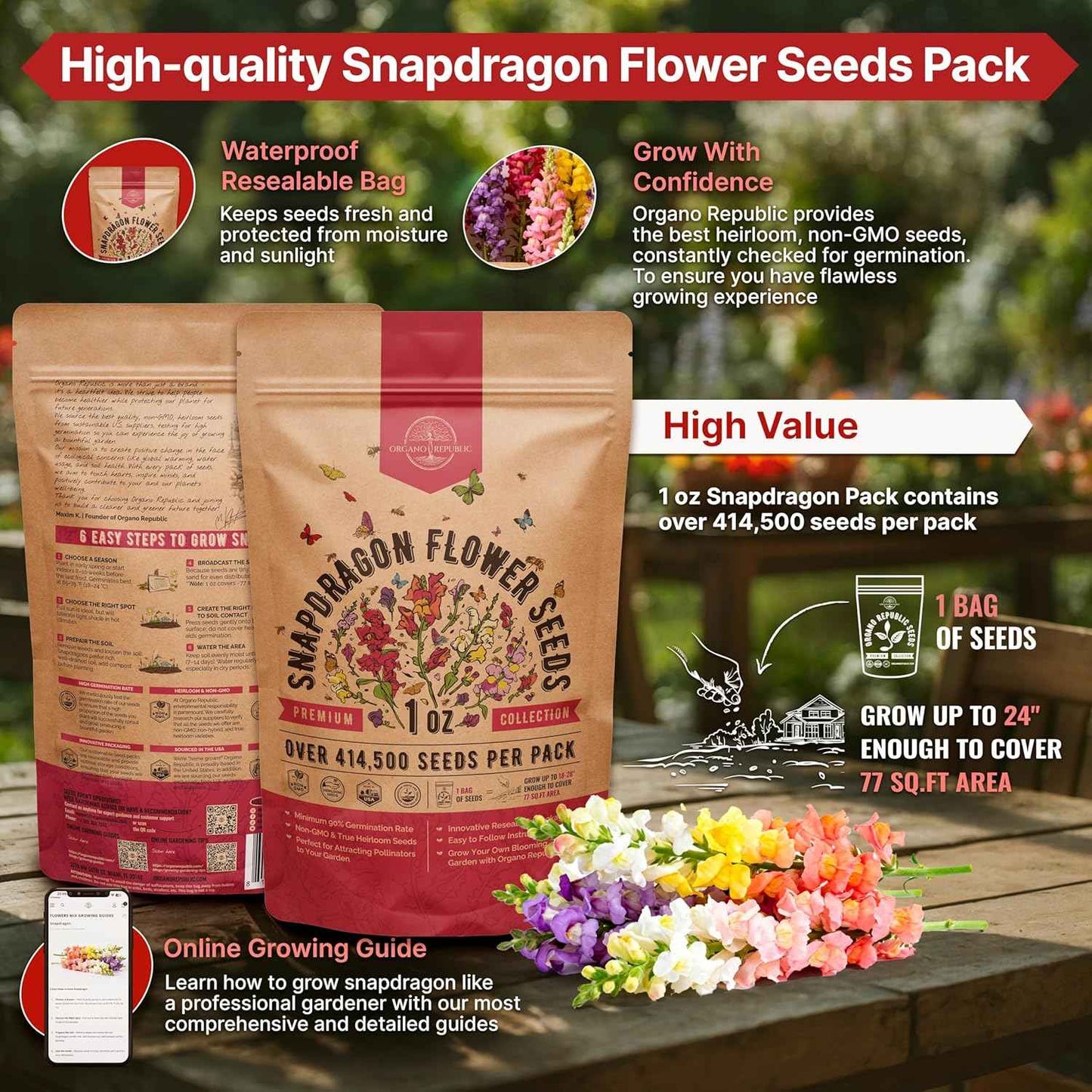 Snapdragon Flower Seeds Pack 1 oz - Over 414,500 Non-GMO Heirloom Snapdragon Seeds for Planting Indoor & Outdoor Gardening, Flower Seed for Home and Garden in Individual Packet, Floral Perennial Mix