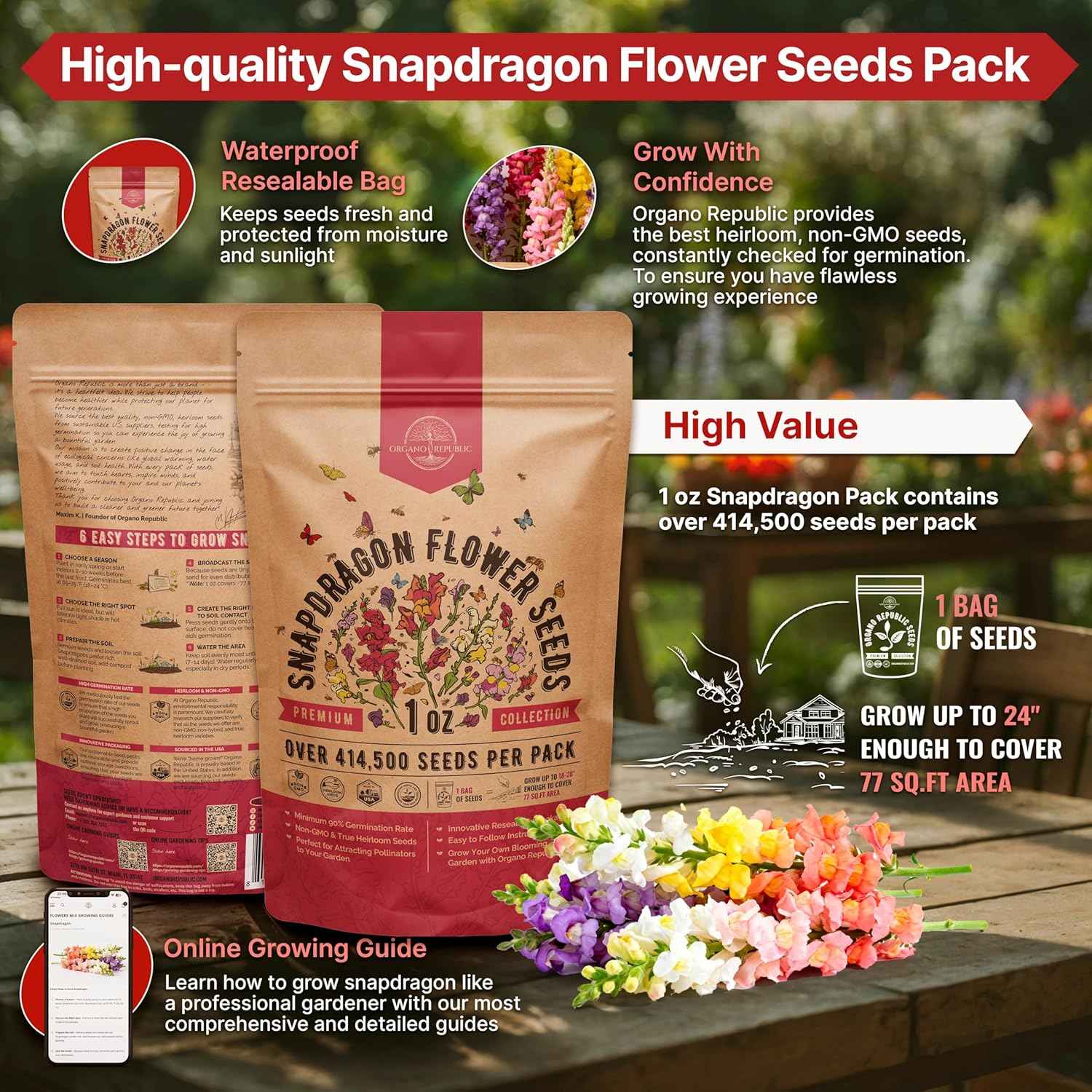 Snapdragon Flower Seeds Pack 1 oz - Over 414,500 Non-GMO Heirloom Snapdragon Seeds for Planting Indoor & Outdoor Gardening, Flower Seed for Home and Garden in Individual Packet, Floral Perennial Mix