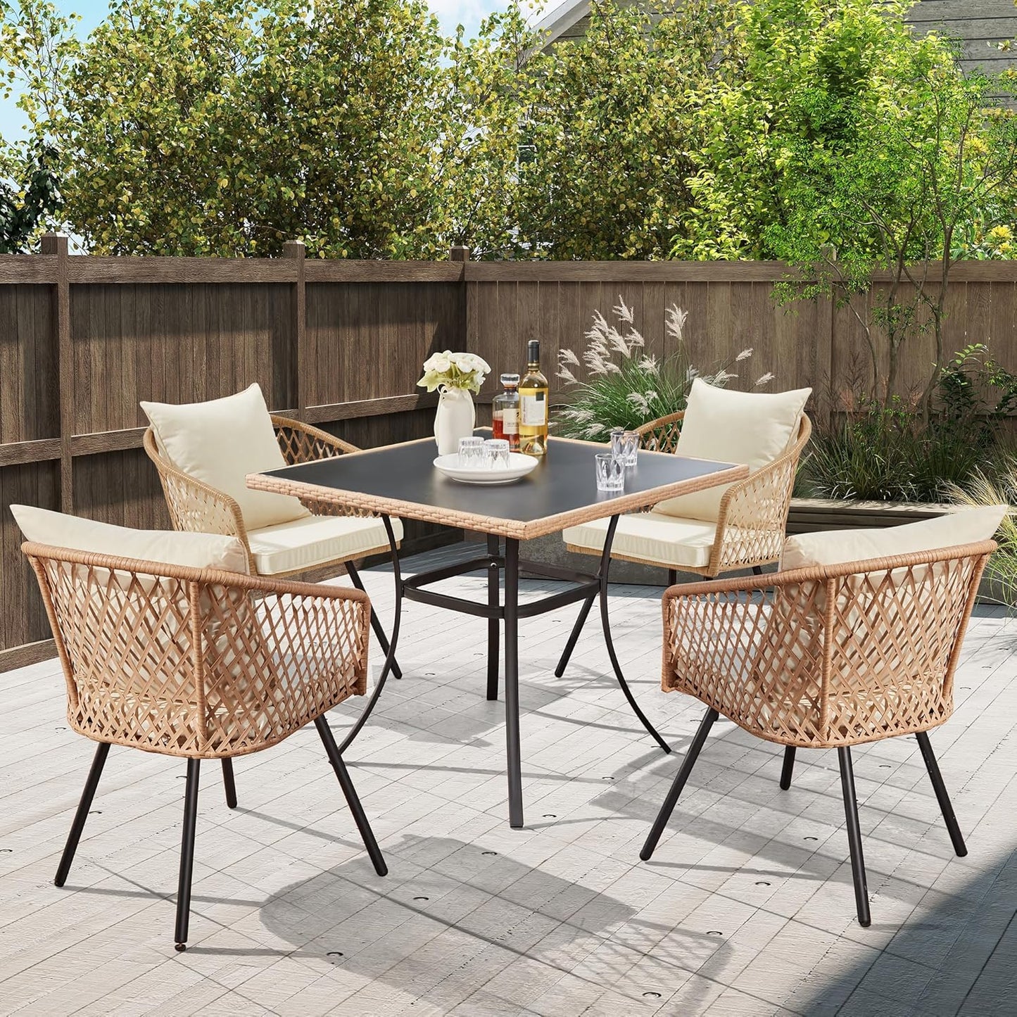 ECOTOUGE 35.2" Square Patio Table, Outdoor Wicker Dining Desk with Tempered Glass Top for 4-5 Persons, Bistro Rattan Furniture Garden Table for Balcony, Backyard, and Sunroom - Black Metal Steel Slat