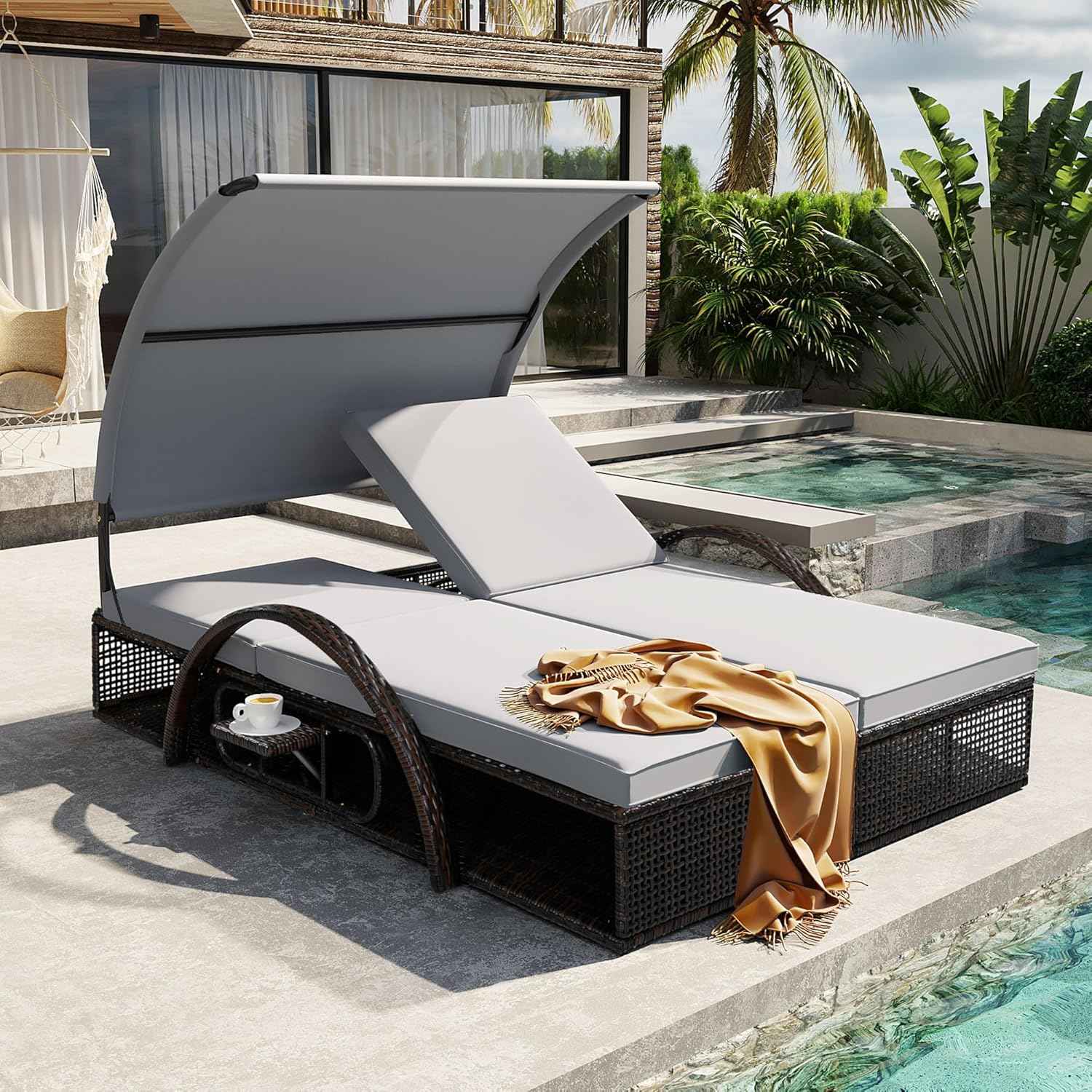 Mirightone 2-Person Outdoor Chaise Lounge Daybed with Canopy, Steel Frame Patio Sunbed with Adjustable Backrest, Hidden Side Table and Arched Armrests, for Poolside, Deck, Garden, Gray