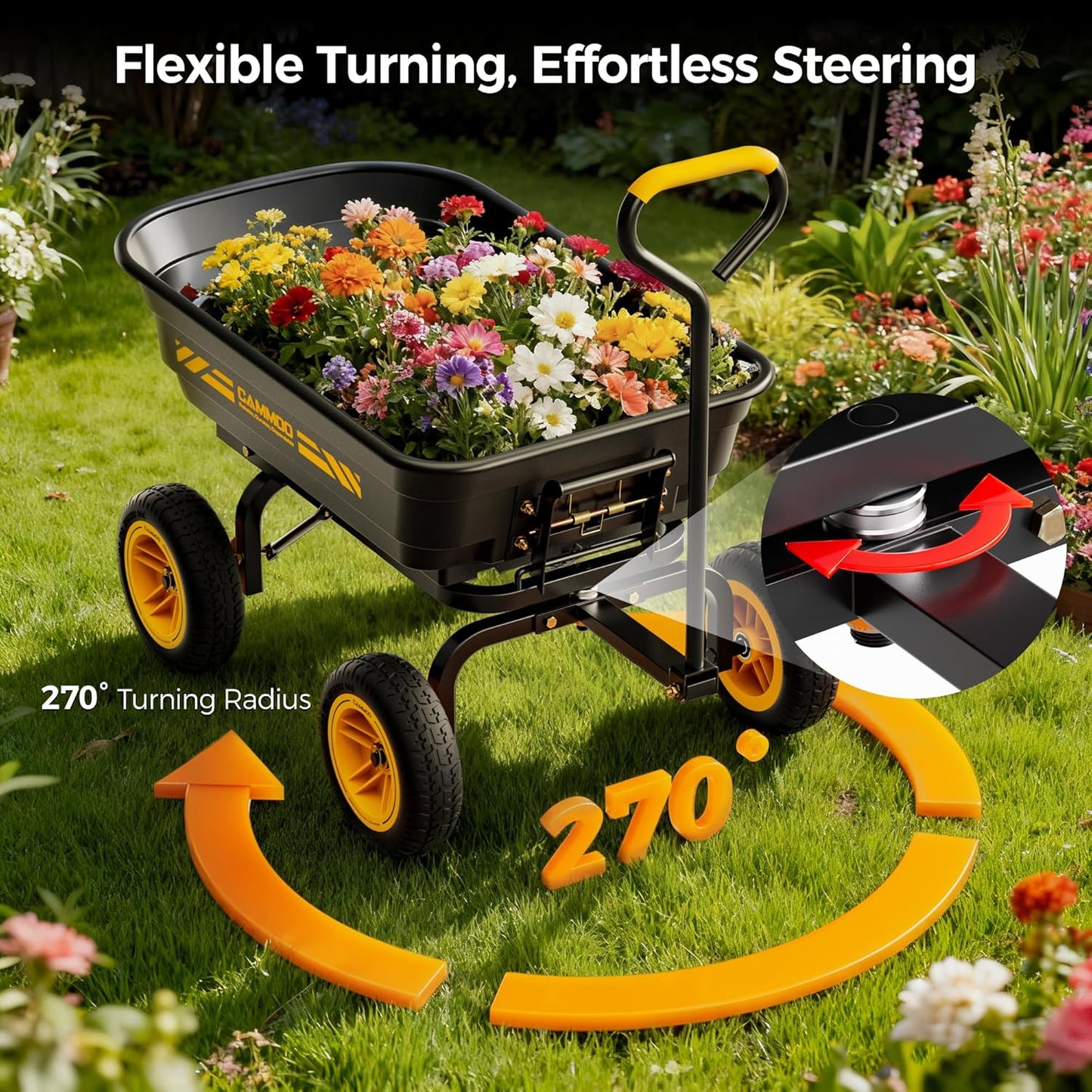 CAMMOO 10-in NO-FLAT TIRES 600lb Heavy-Duty Garden Dump Cart 4 Cu.Ft. Utility Wagon with Quick-Release Dumping & Prime Grade 100% Virgin Polypropylene - Not Recycled Material for Landscaping Gardening