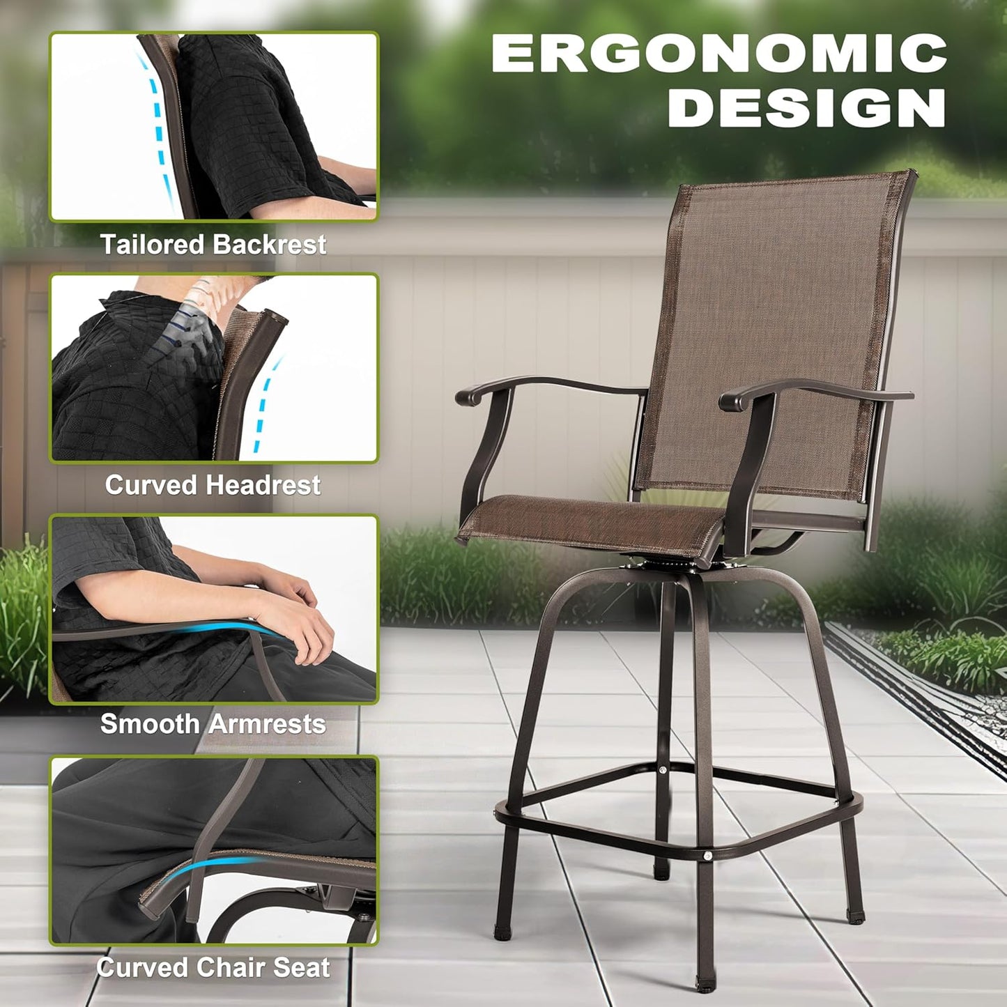 NUU GARDEN 5 Piece Patio Bar Set with Square Silk Screen Bar Height Glass Table and 4 Counter Textilene Height Swivel Chairs for Patio, Yard, Outdoor, Black&Brown