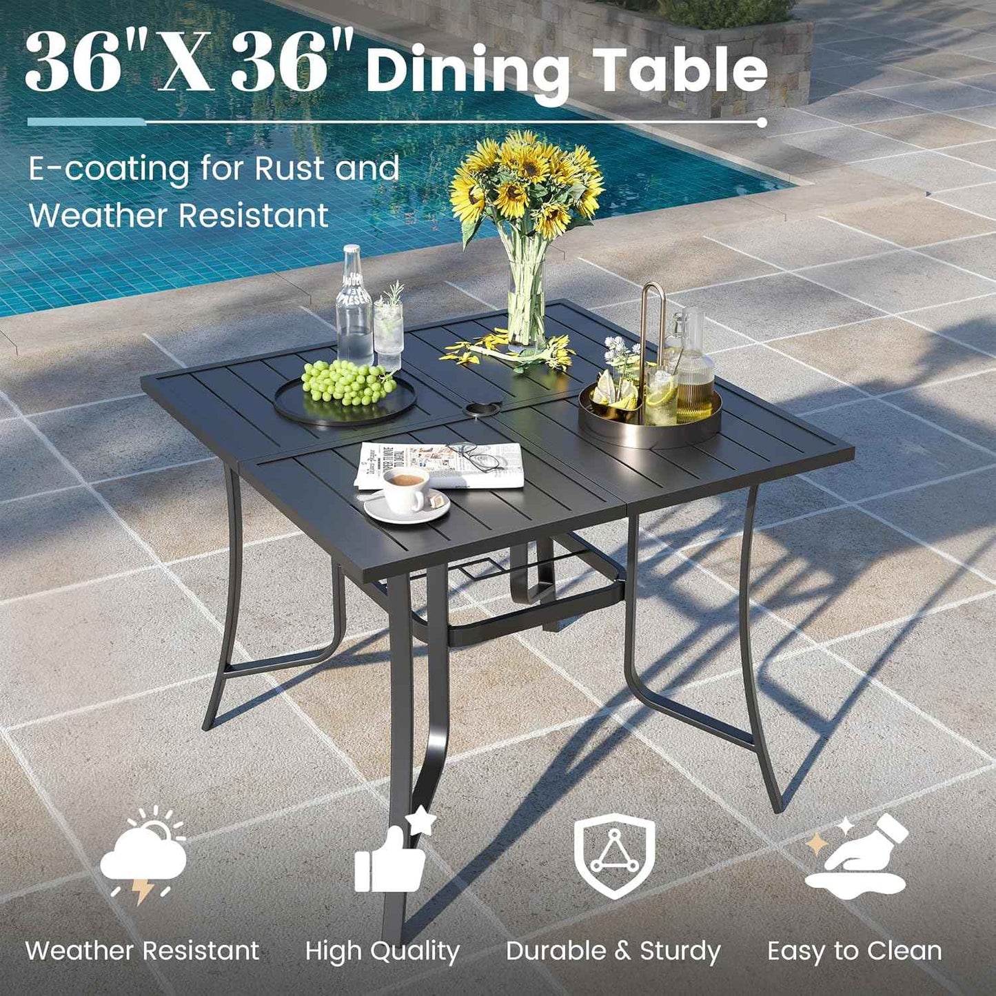 5 Pieces Patio Dining Set, Padded Patio Outdoor Furniture Set of 4 Patio Swivel Dining Chairs and 36" Patio Spliced Square Tabletop with Umbrella Hole, for Deck, Backyard, Poolside & Garden
