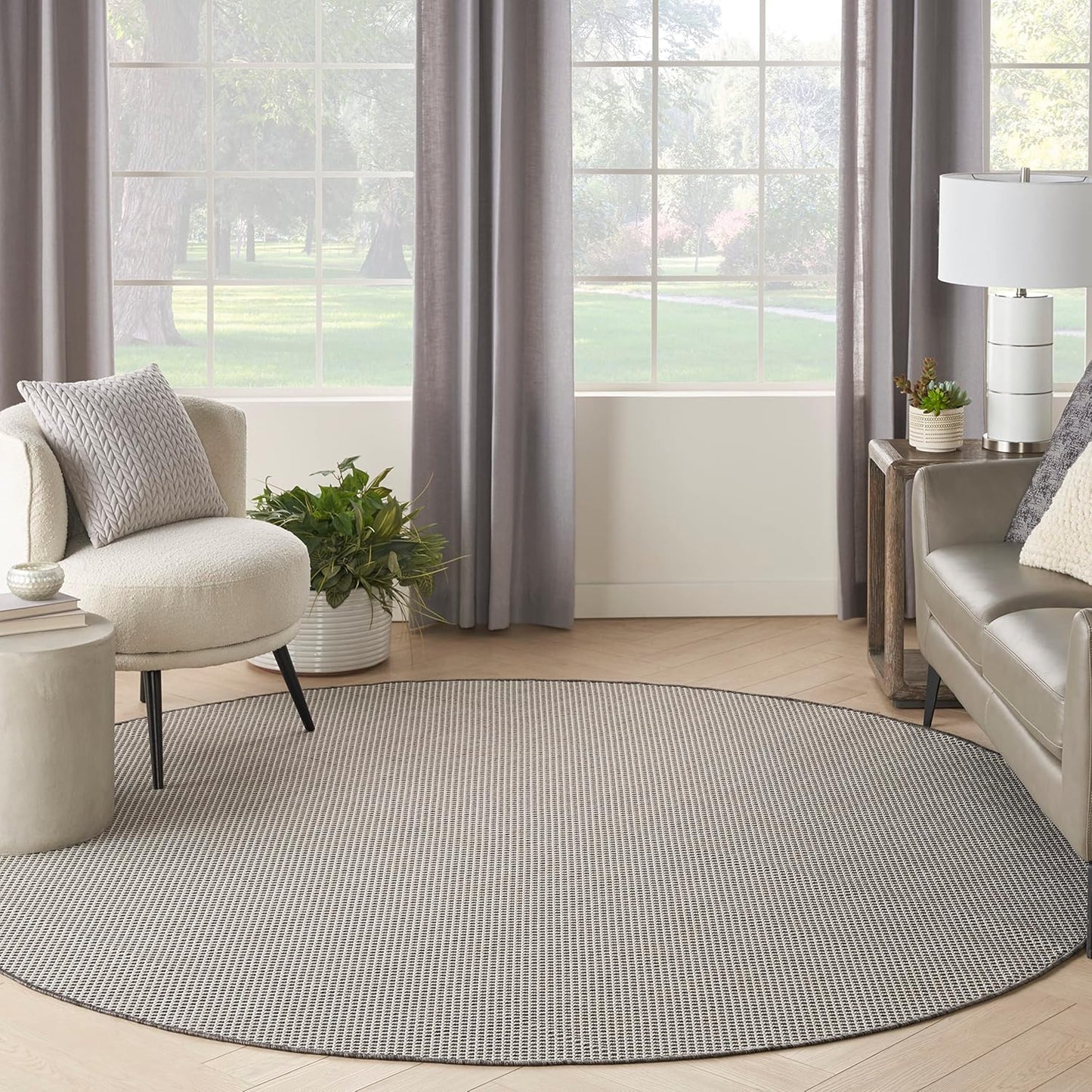Nourison Home Courtyard Indoor/Outdoor Ivory/Charcoal 6' x Round Area Rug, Easy Cleaning, Non Shedding, Bed Room, Living Room, Dining Room, Backyard, Deck, Patio (6 Round)