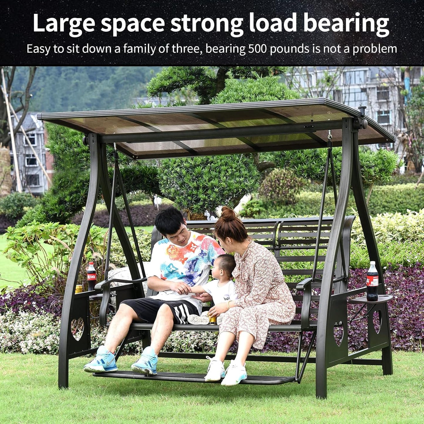 3-Seat Solar Outdoor Patio Swing Chair with Footrest Outdoor Porch Swing with Aluminum Frame Adjustable Tilt Canopy for Poolside Balcony Backyard (Floral Pillow + Red Cushion)
