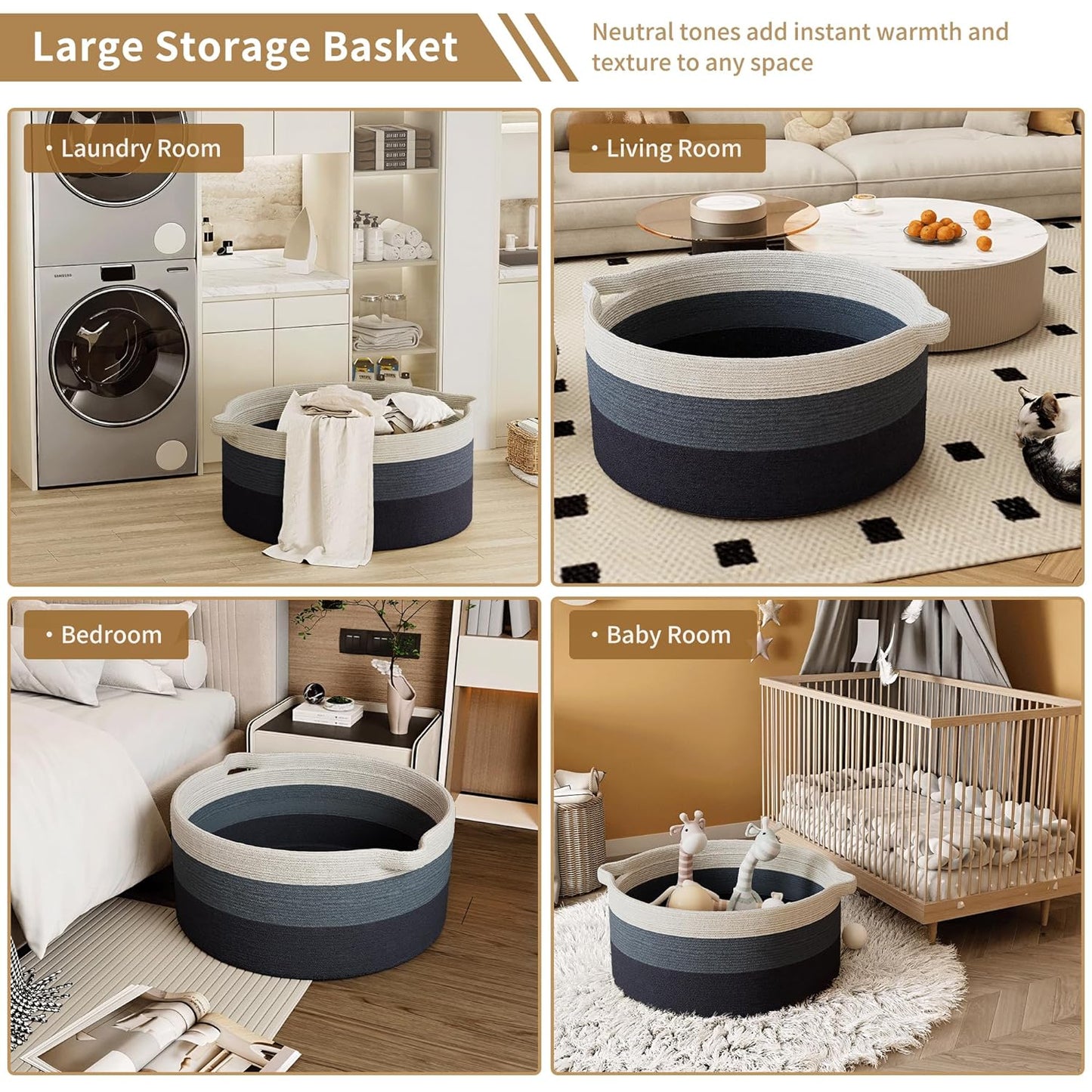 125L Extra Large Blanket Basket, 25" x 16", Jumbo Laundry Woven Basket Decorative Home, Cotton Rope Basket with Handles, Baby Toy Basket for Storage, Gradual Blue