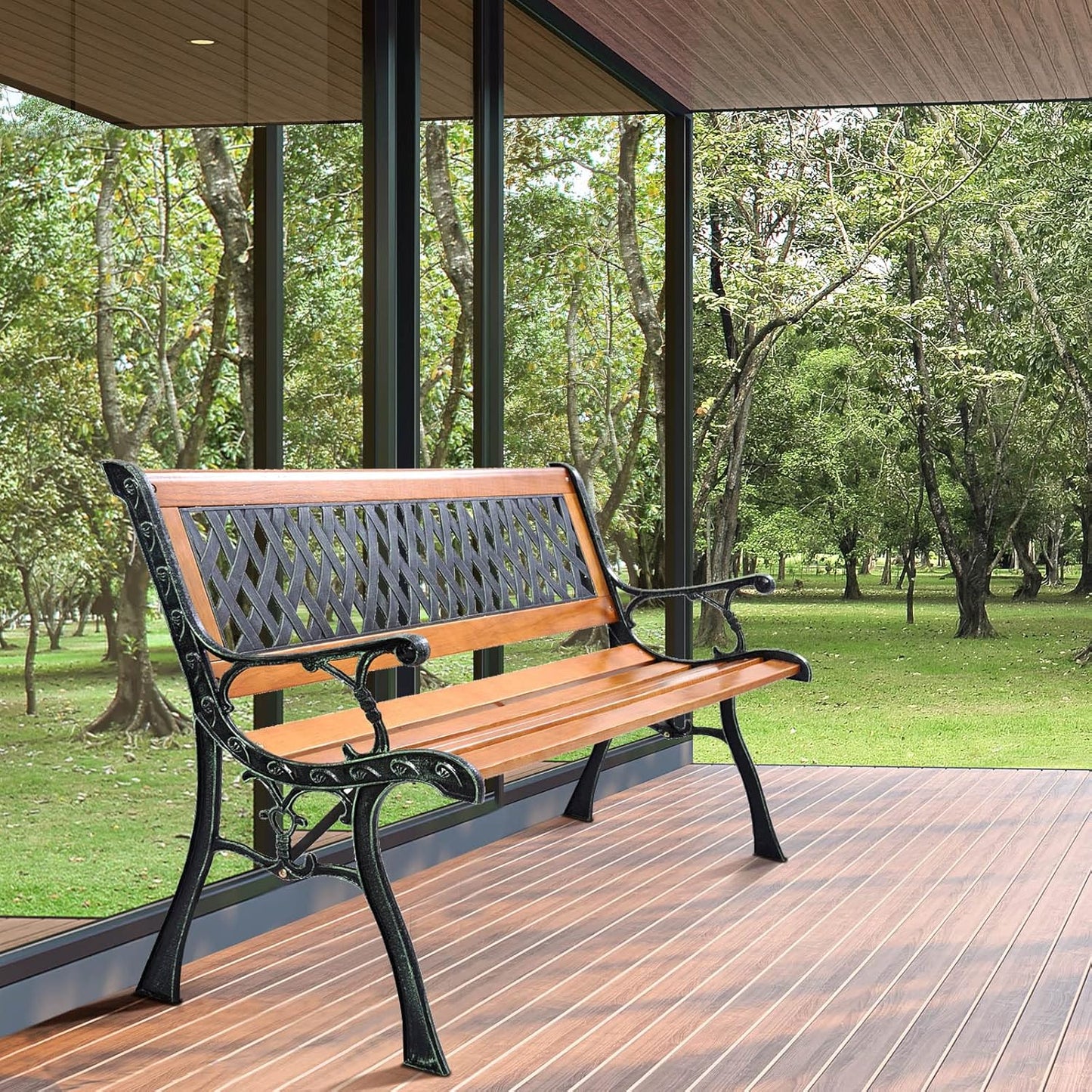S AFSTAR Garden Bench, 2-3 Person Park Bench with Diamond Weaving Backrest, Pine Porch Bench, 470 LBS Bearing Capacity, Weather Proof Outdoor Bench for Backyard Deck Lawn Poolside