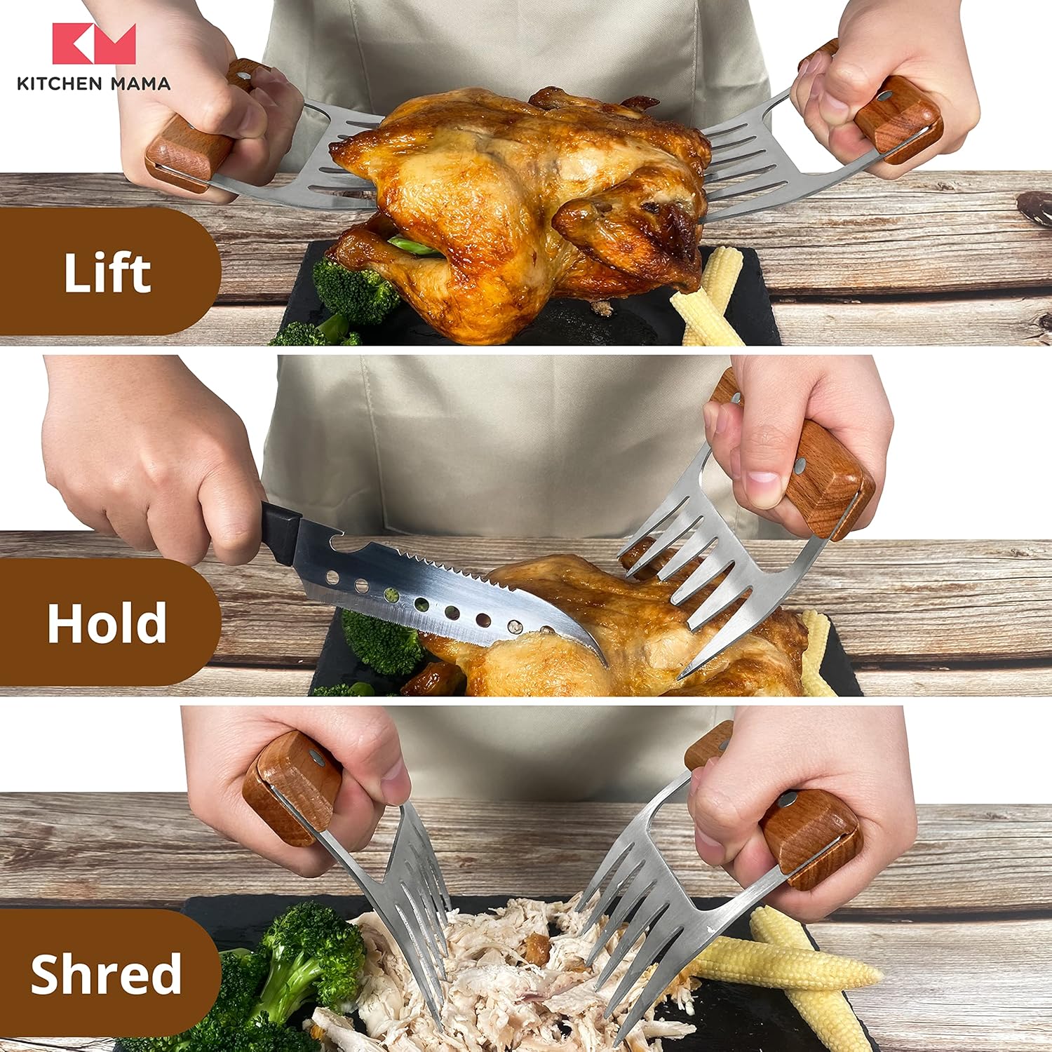 Kitchen Mama Meat Claws: Stainless Steel Shredder Claws with Wooden Handle for BBQ, Shredding, Pulling Pork, Chicken, Beef, and Turkey - Perfect for Grill Masters (1 Pair) - Lumora Garden