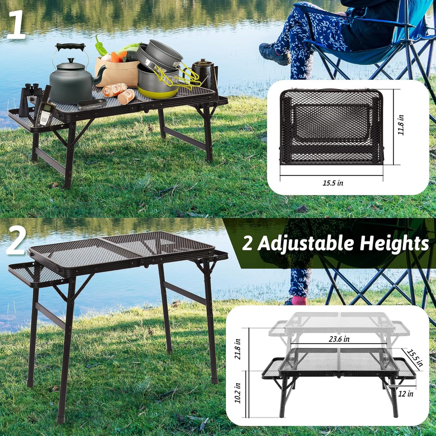 2.5 FT Picnic Table with 2 Wing Panels, Mesh Metal Folding Grill Table Height Adjustable & Lightweight & Portable Table for Outdoor Indoor Camping, Picnic, Beach and BBQ, RV