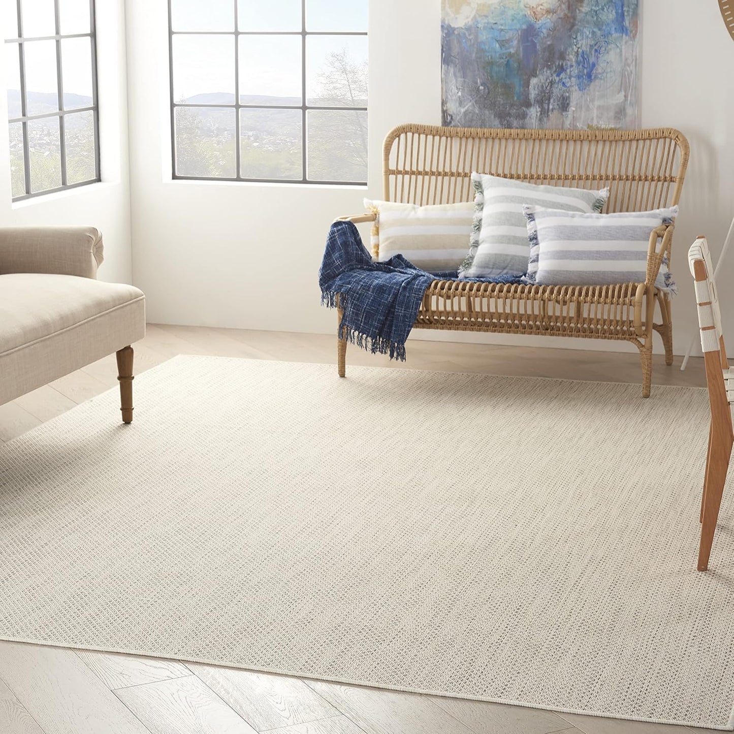 Nourison Home Courtyard Indoor/Outdoor Ivory/Silver 10' x 14' Area Rug, Easy Cleaning, Non Shedding, Bed Room, Living Room, Dining Room, Backyard, Deck, Patio (10x14)