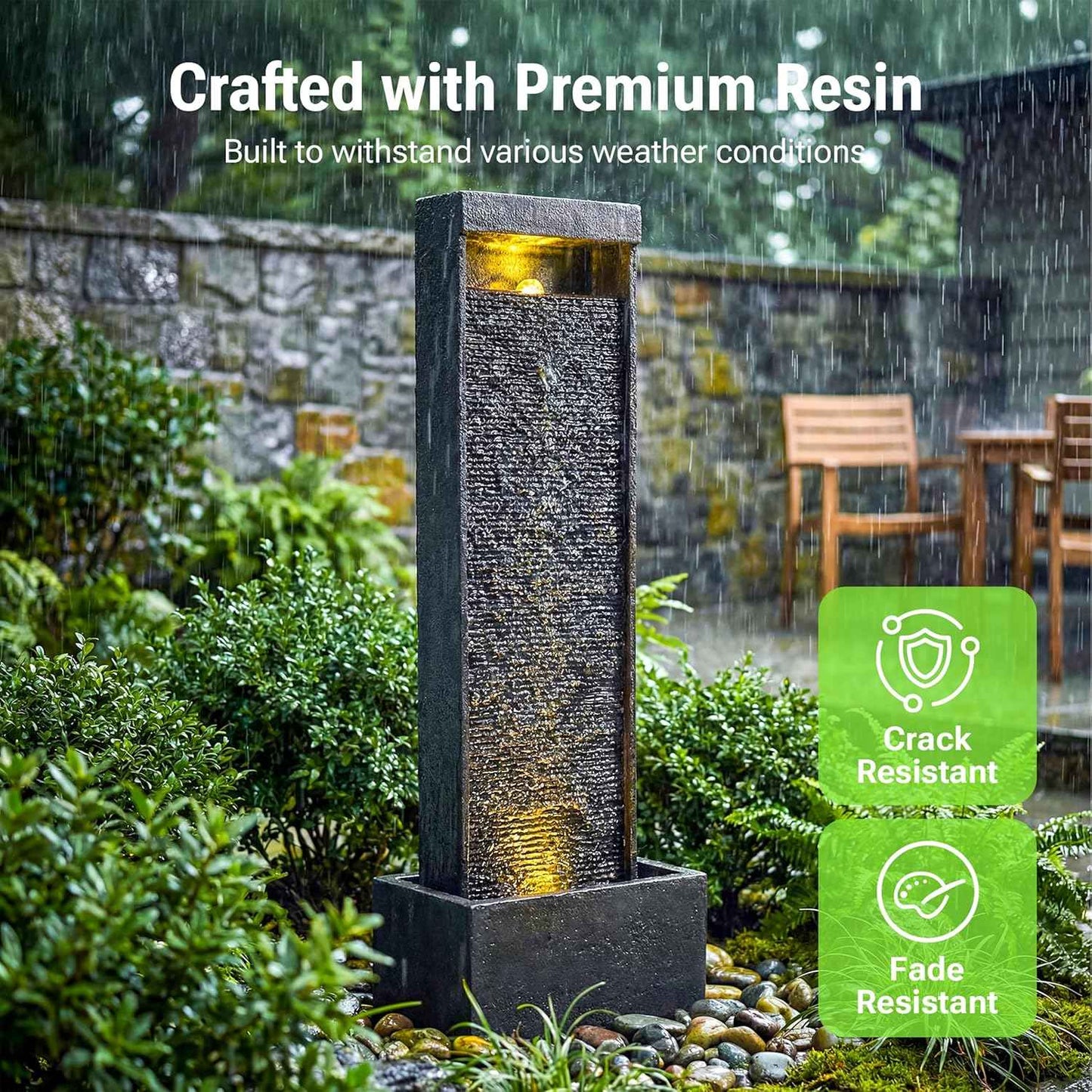 35-Inch Outdoor Water Fountain, Modern Curved Faux Slate Resin Indoor Waterfall Fountain with 2 Warm LED Lights, Home Art Decor for Garden, Patio, Yard, Deck, Porch, Balcony in Black