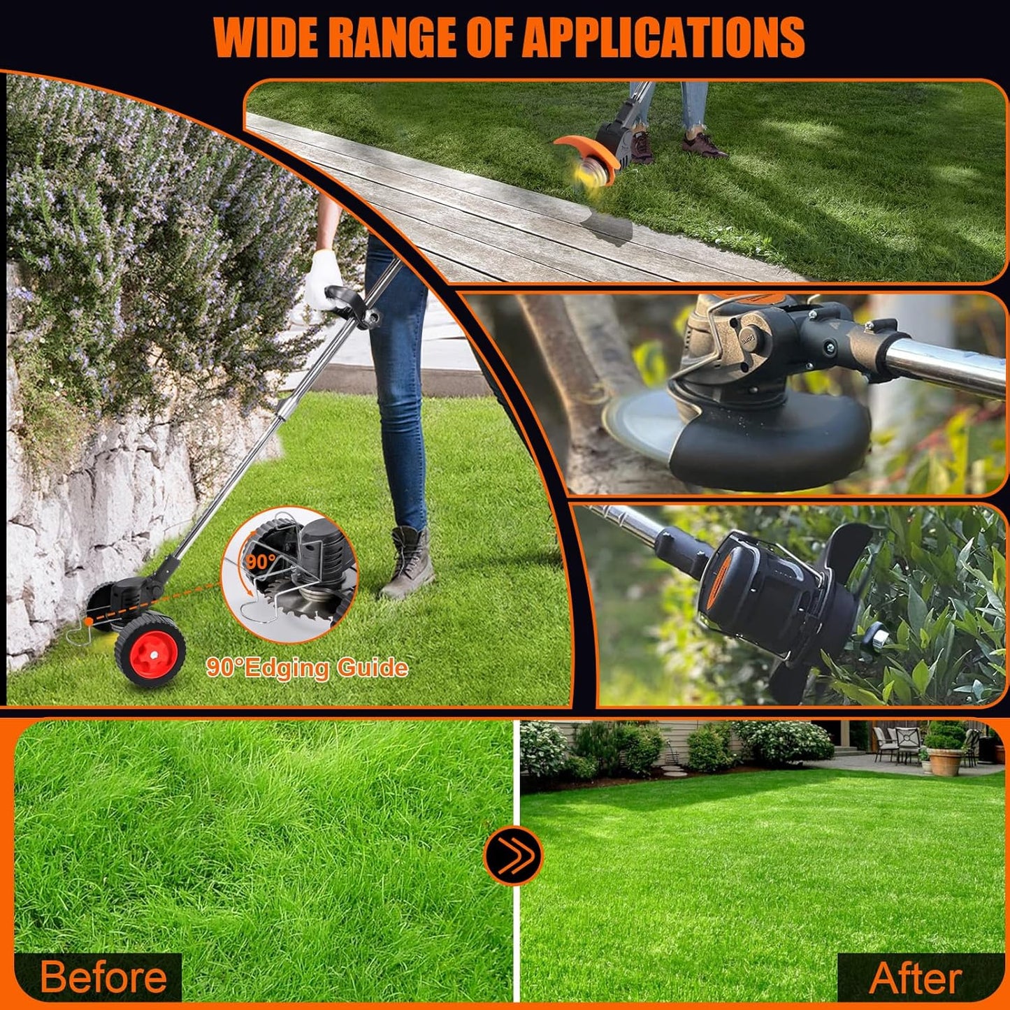 Stringless Weed Wacker Electric Weed Wacker Cordless with Wheels, 2pcs Batteries&4 Types Blades,Lightweight, 21V Weed Trimmer 3-in-1 Grass Trimmer/Brush Cutter/Edger, for Thick Weeds&Yard Garden