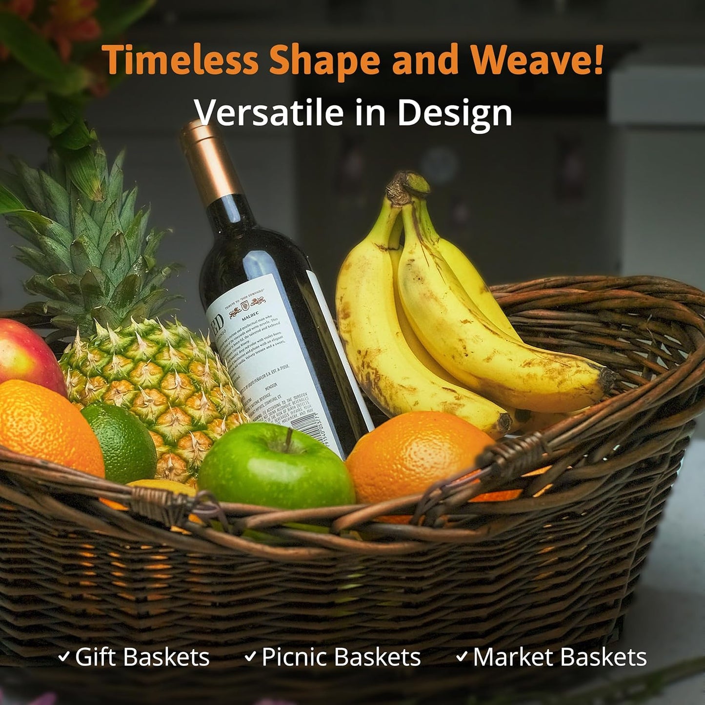 Wald Imports - Medium Wicker Basket with Handle - Dark Brown Hand Woven Harvest Basket - Wicker Flower Basket for Storage, Picnics, Easter, Organizing, and More (17 x 6.5 inches)