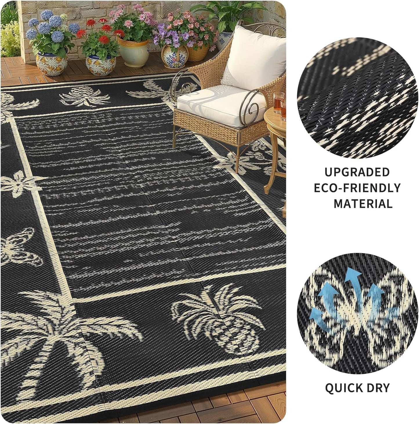 Garvee Outdoor Rug 9x12 Waterproof for Patios, Reversible Plastic Straw Rug, Tropical Leaf Indoor Outdoor Rugs, Large Area Rug for RV, Camping, Deck, Picnic Mat, Outside Carpet