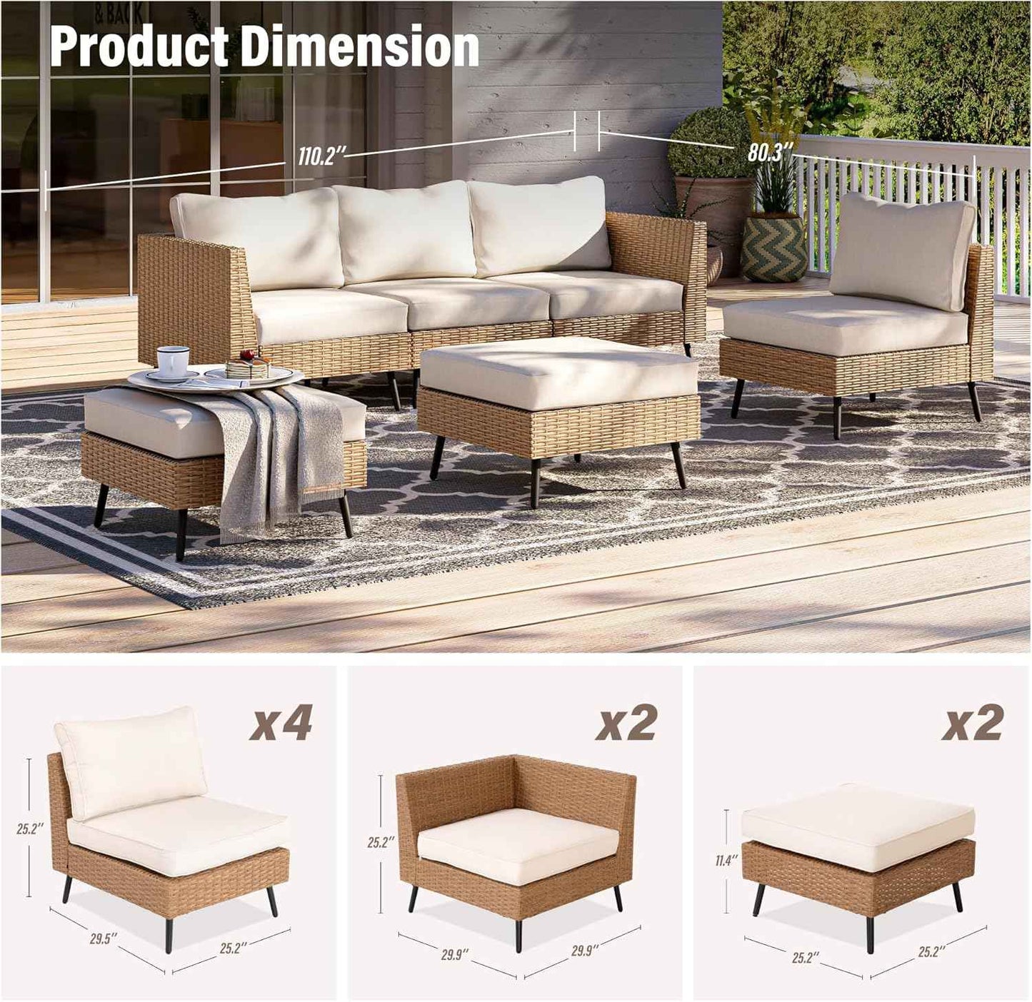 EO Living 6-Piece Patio Furniture Set, Outdoor Sectional Sofa PE Rattan Outdoor Patio Furniture with Thick Cushions, All Weather Patio Conversation Sets for Garden, Poolside, Backyard(Beige)