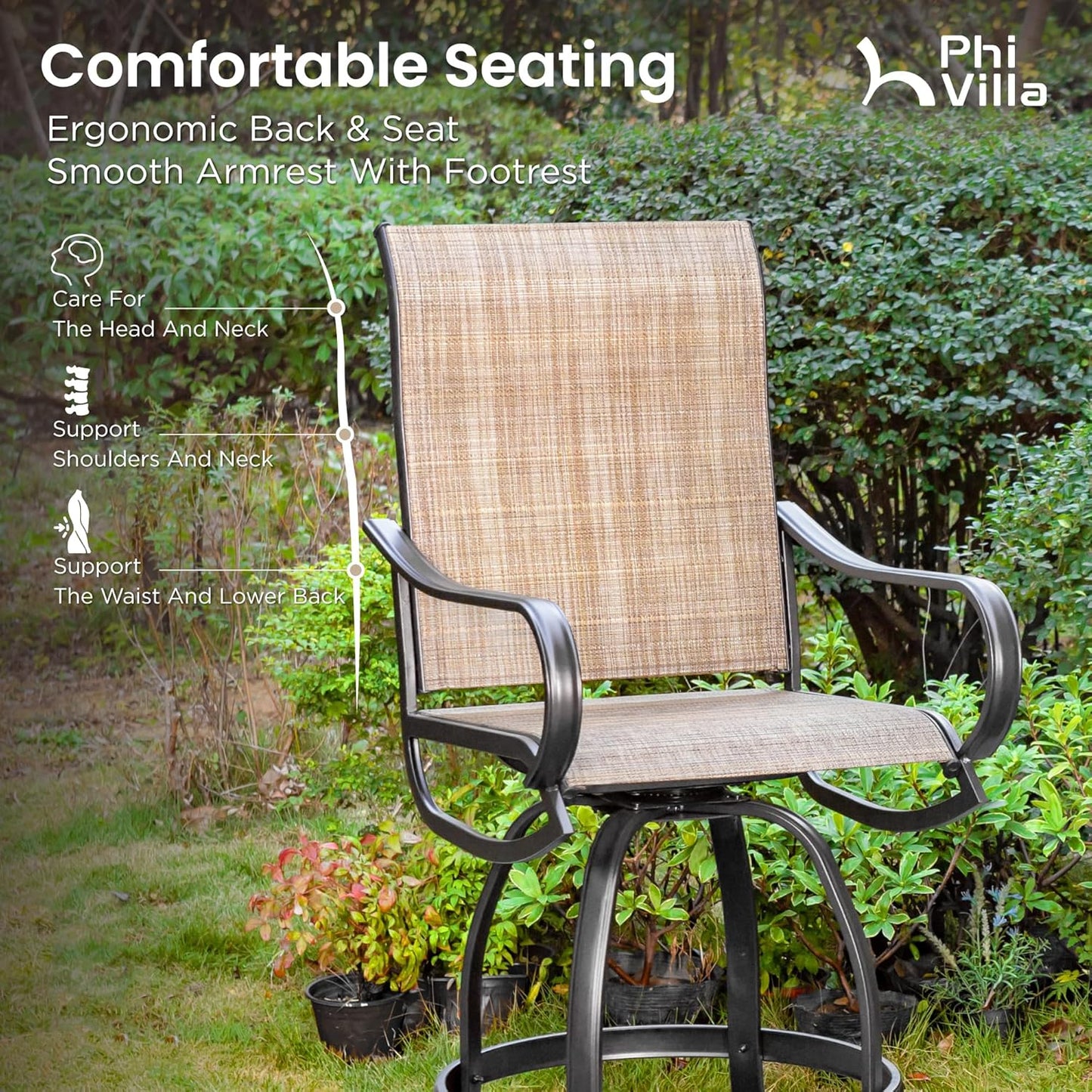 PHI VILLA 5 Piece Outdoor Bar Set, Counter Height Patio Bar Table and Chairs with 26.8" Swivel Bar Stools Brown & Rectangle Bar Table for Garden, Terrace, Yard and Deck