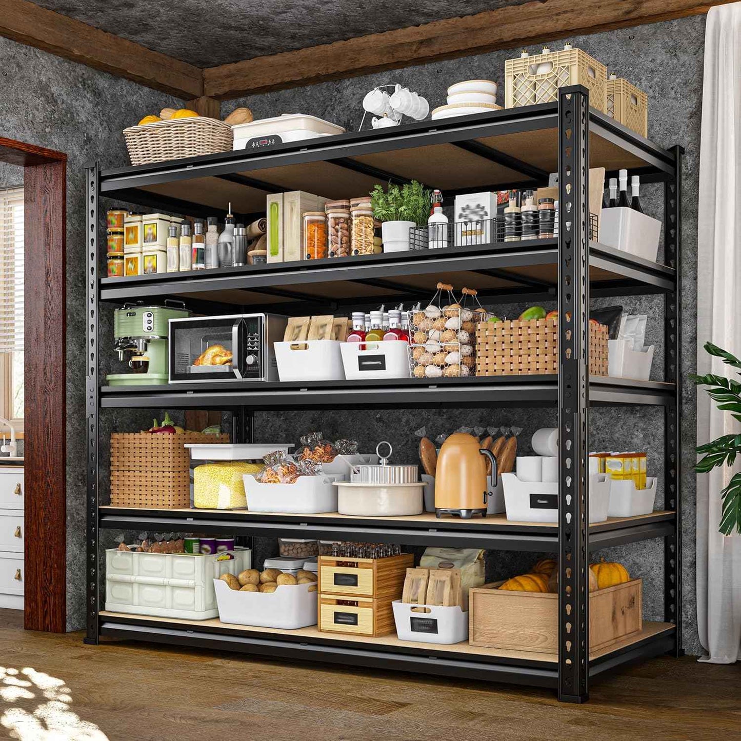 DurayLoly 55" W Storage Shelves, 2550LBS Garage Shelving, 5-Tier Metal Shelving Unit, Adjustable Heavy Duty Shelving for Garage, Warehouse, Pantry, Kitchen, 55" W × 24" D × 72" H, Black