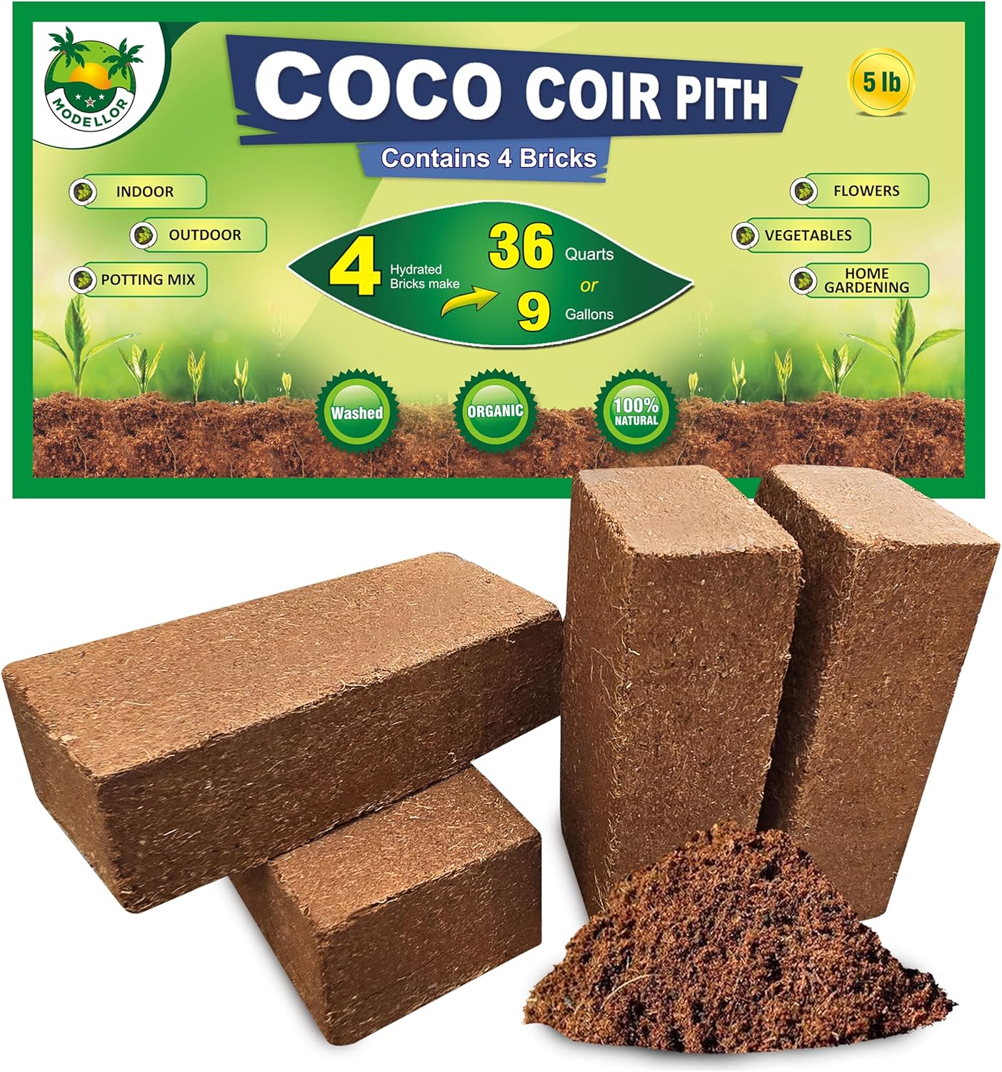 4 Bricks (5 lb) Modellor Premium Super Washed Coco Coir, Yields 9 gallons [36 quarts], Seed Starter, Organic, pH Balanced, Gardening, Indoor, Outdoor use.