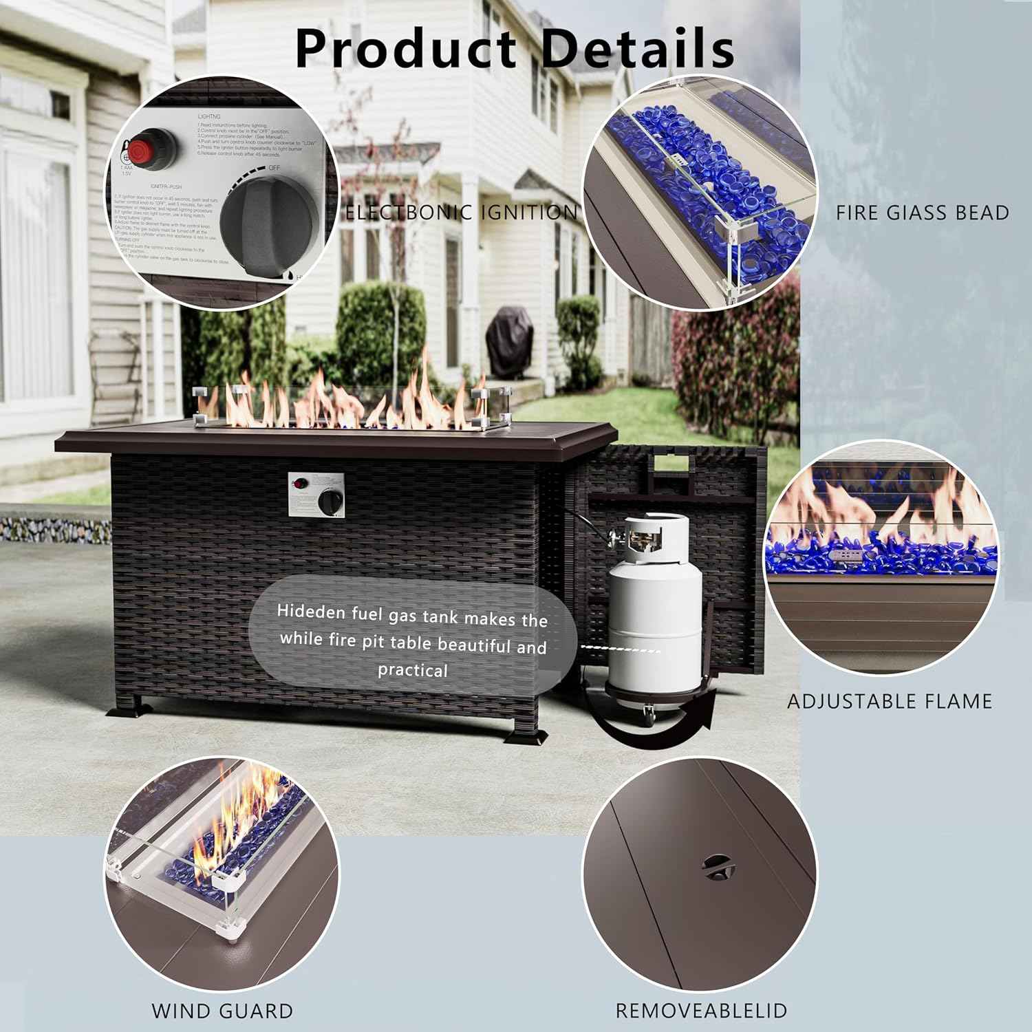 Outdoor Patio Furniture Set with Gas Fire Pit Table, 13 Pieces Outdoor Furniture Set Patio Sectional Sofa w/43in 55000 BTU Propane Fire Pit, PE Wicker Rattan Patio Conversation Sets - Dark Blue