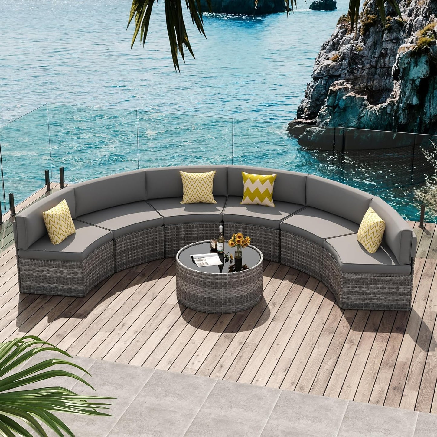 Patio Sectional Furniture, Outdoor 7-Piece Rattan Curved Sofa Set, Curved Patio Furniture with Coffee Table, Fit for Pool Backyard Balcony Porch Lawn (Grey)
