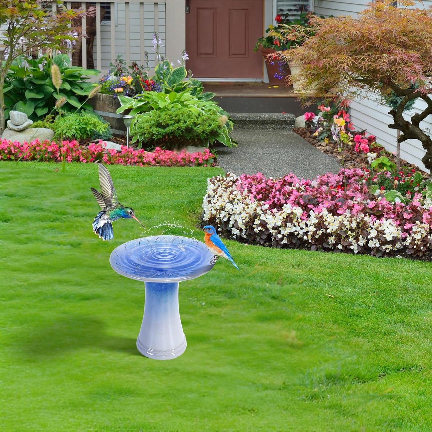 Ceramic Bird Bath for Outside, 16.93 Inch Pedestal Bird Bath Bowls, Blue + Grey Glazed Birdbaths with Floral Embossed Design, Perfect for Outdoors, Garden, Patio, Yard, 18.11 Inch Tall