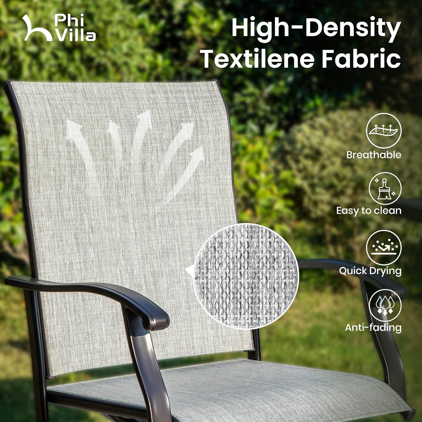 PHI VILLA Outdoor Swivel Patio Bar Stools Set of 2, 30 Inch Bar Height Tall Patio Chairs with Back & Armrest, Durable Textilene Fabric in Grey for Deck Lawn Garden