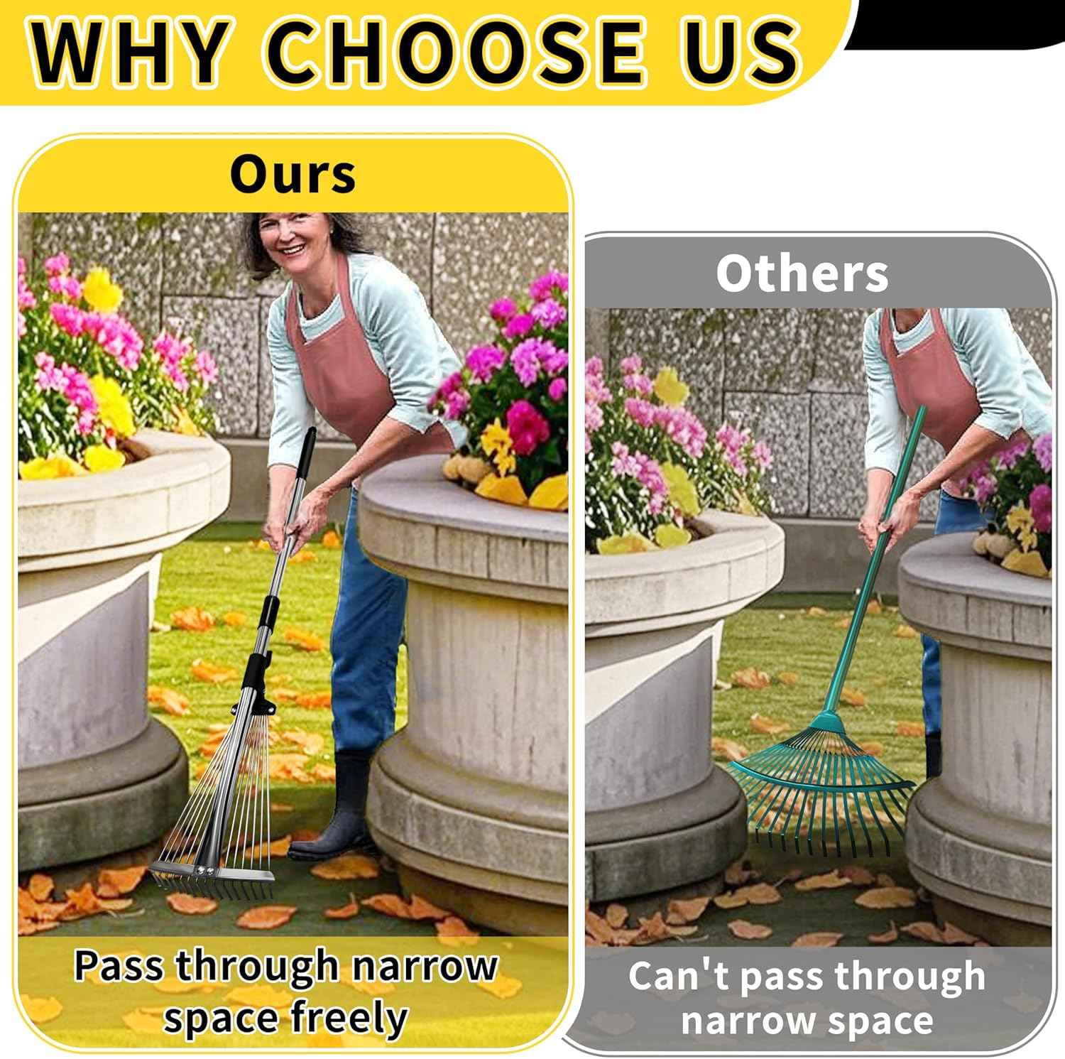 Garden Rake for Leaves,Heavy Duty Metal Adjustable Leaf Rake for Lawns,Long Handle 33"-69" with Expandable Head 8"-15",Garden Tools for Yard Lawn Shrub Garden Beds