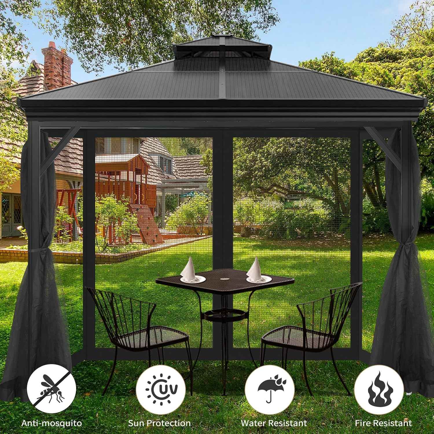 Gazebo Universal Replacement Mosquito Netting, Outdoor Mesh Netting Screen 4-Panel Sidewall with Zipper for Patio, Canopy, Garden and Backyard, Gray(Mosquito Net Only) (Black, 10' x 10')